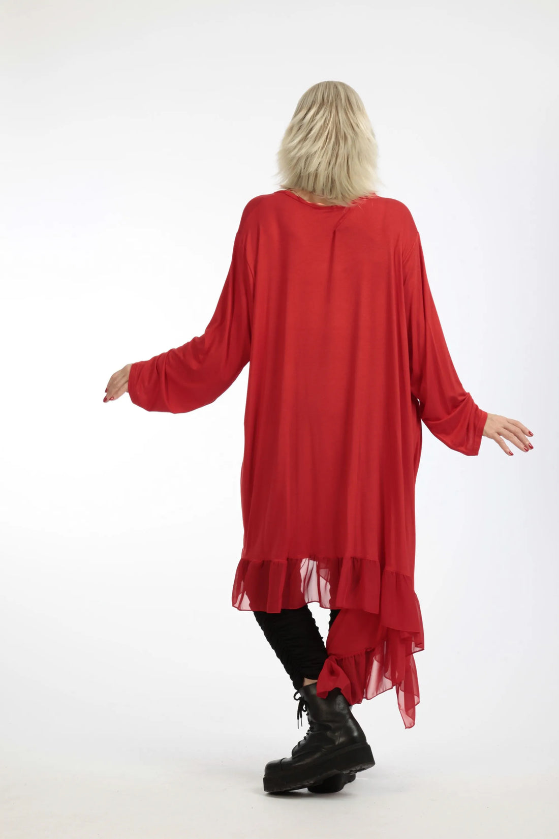  Asymmetrisches Kleid in leuchtendem Rot mit Chiffon-Besatz und elegantem Oversize-Schnitt