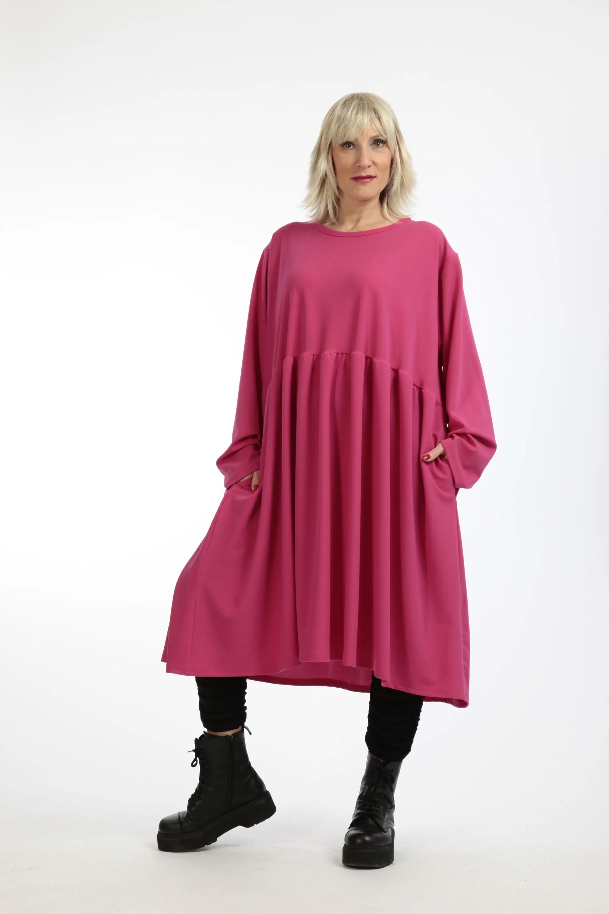  Bequemes A-Form Kleid in leuchtendem Fuchsia mit praktischen Taschen für Plus Size Fashion