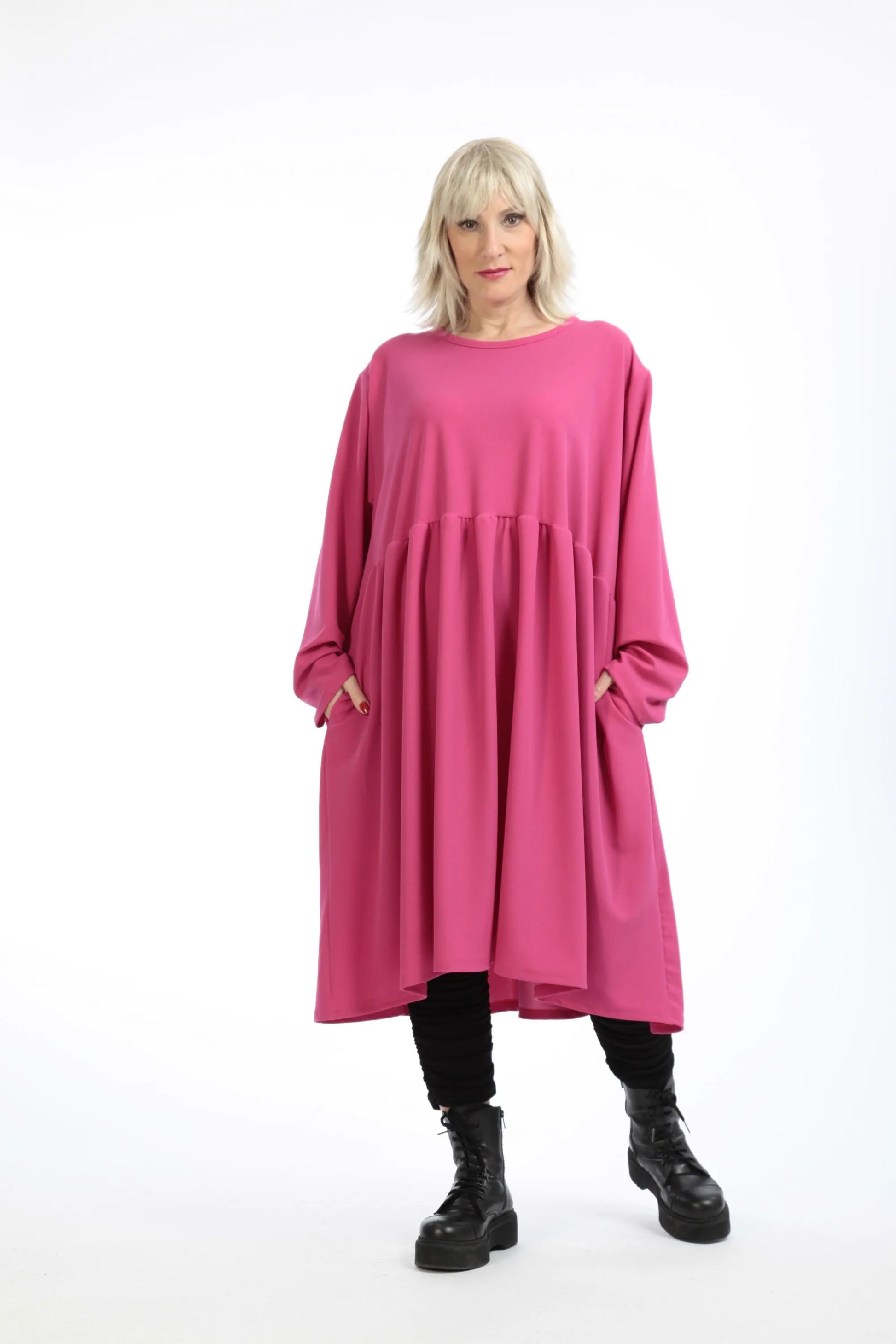  Bequemes A-Form Kleid in leuchtendem Fuchsia mit praktischen Taschen für Plus Size Fashion