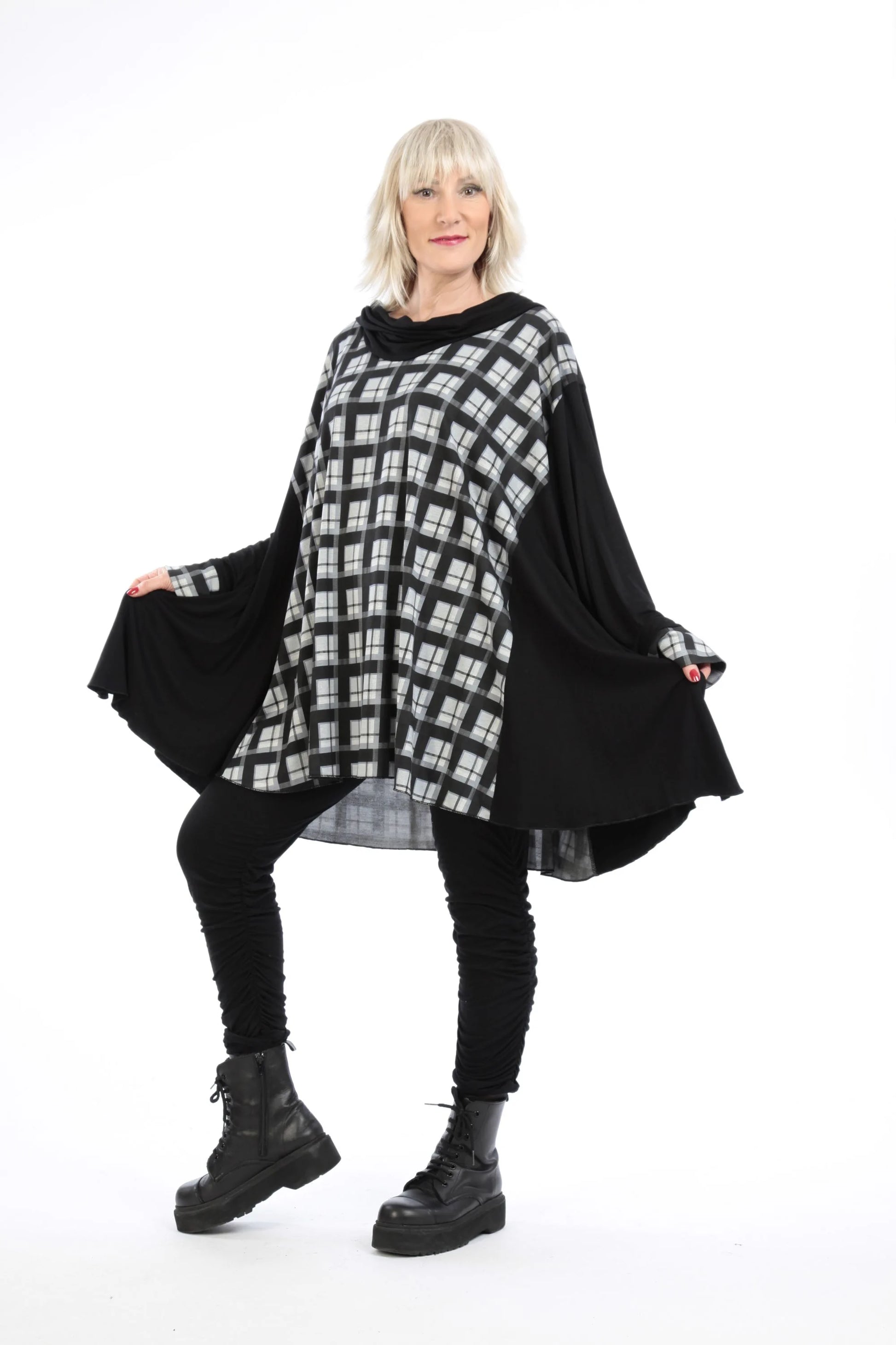  A-Form Bigshirt von AKH Fashion aus Viskose, 1209.00593, Grau-Schwarz, Kariert, Ausgefallen