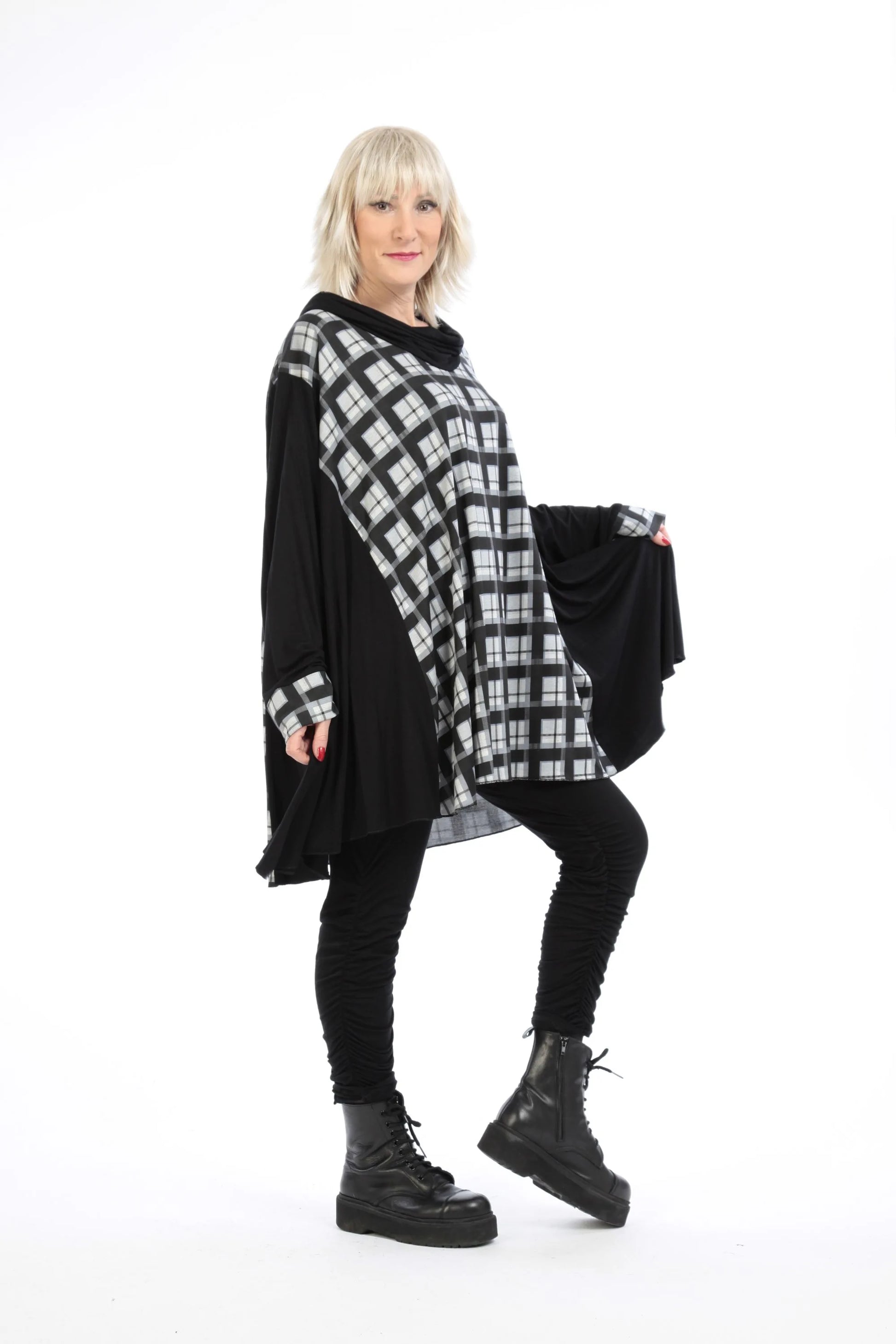  A-Form Bigshirt von AKH Fashion aus Viskose, 1209.00593, Grau-Schwarz, Kariert, Ausgefallen