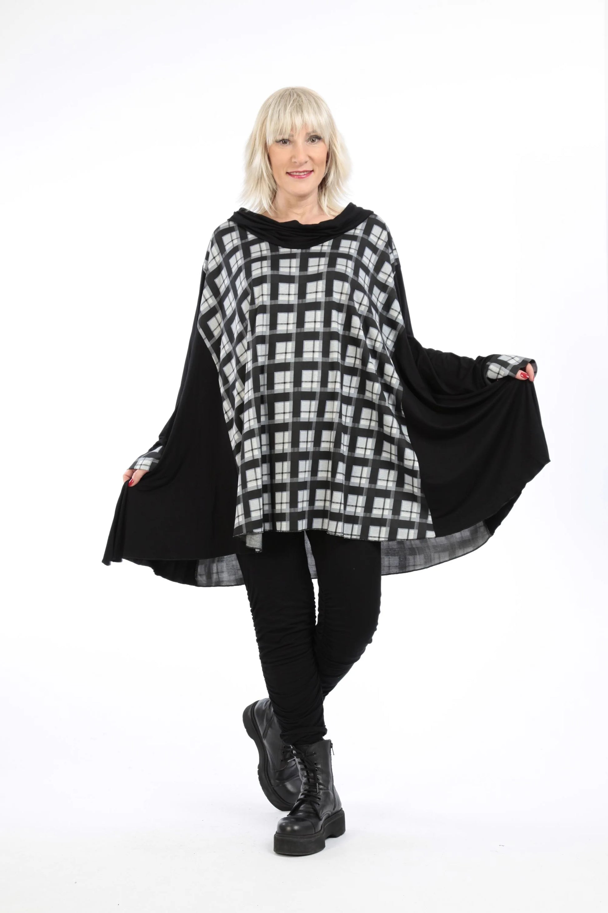  A-Form Bigshirt von AKH Fashion aus Viskose, 1209.00593, Grau-Schwarz, Kariert, Ausgefallen