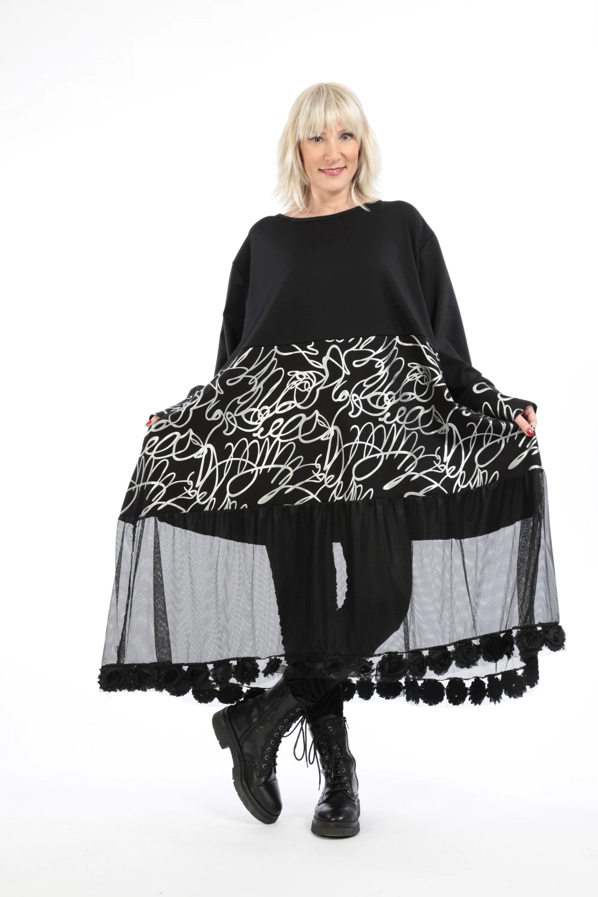  Ballonkleid von AKH Fashion aus Viskose, 1212.06712, Schwarz-Silber, Pinselstrich, Schick