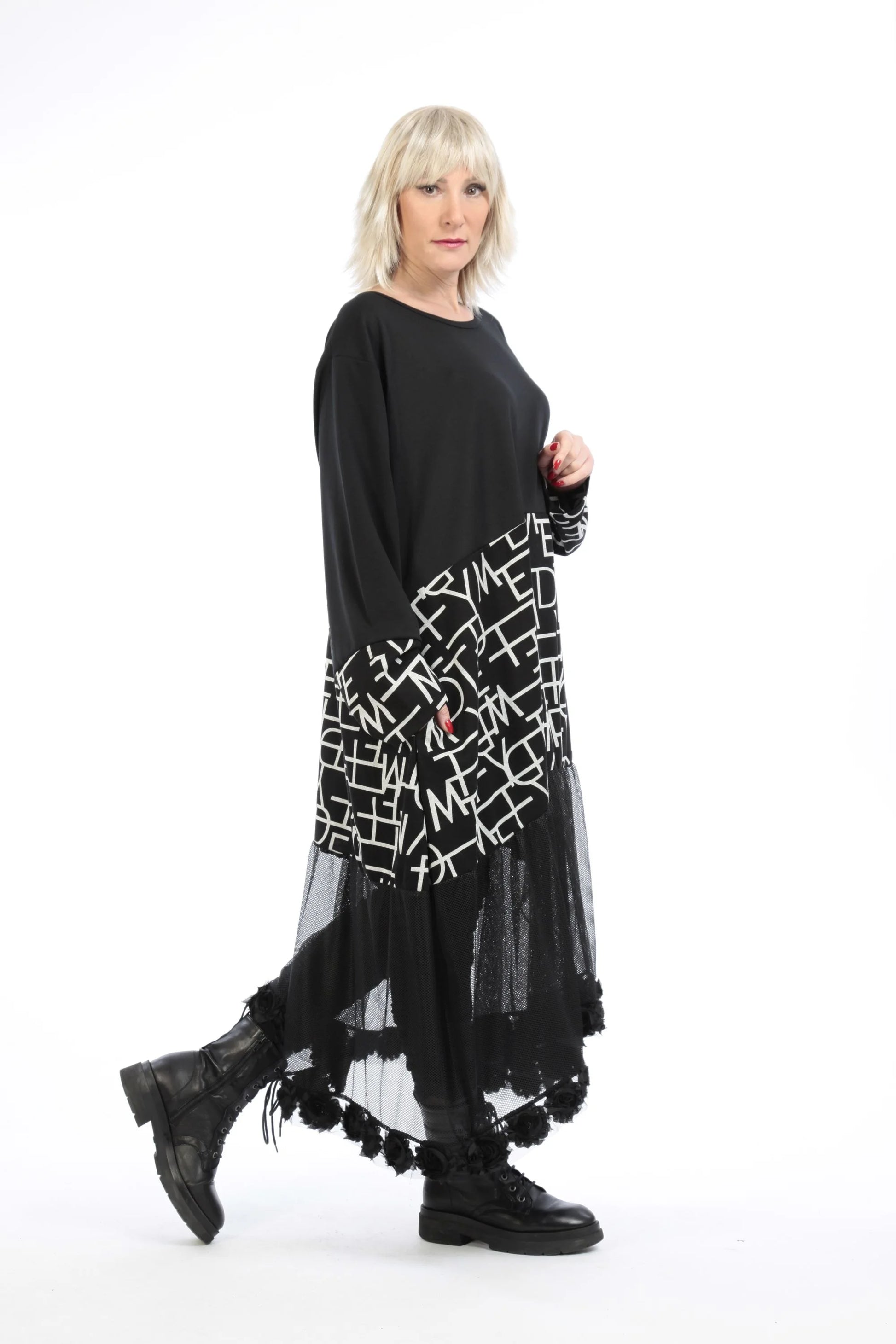  Ballonkleid von AKH Fashion aus Viskose, 1213.06712, Schwarz-Grau, Buchstaben, Ausgefallen