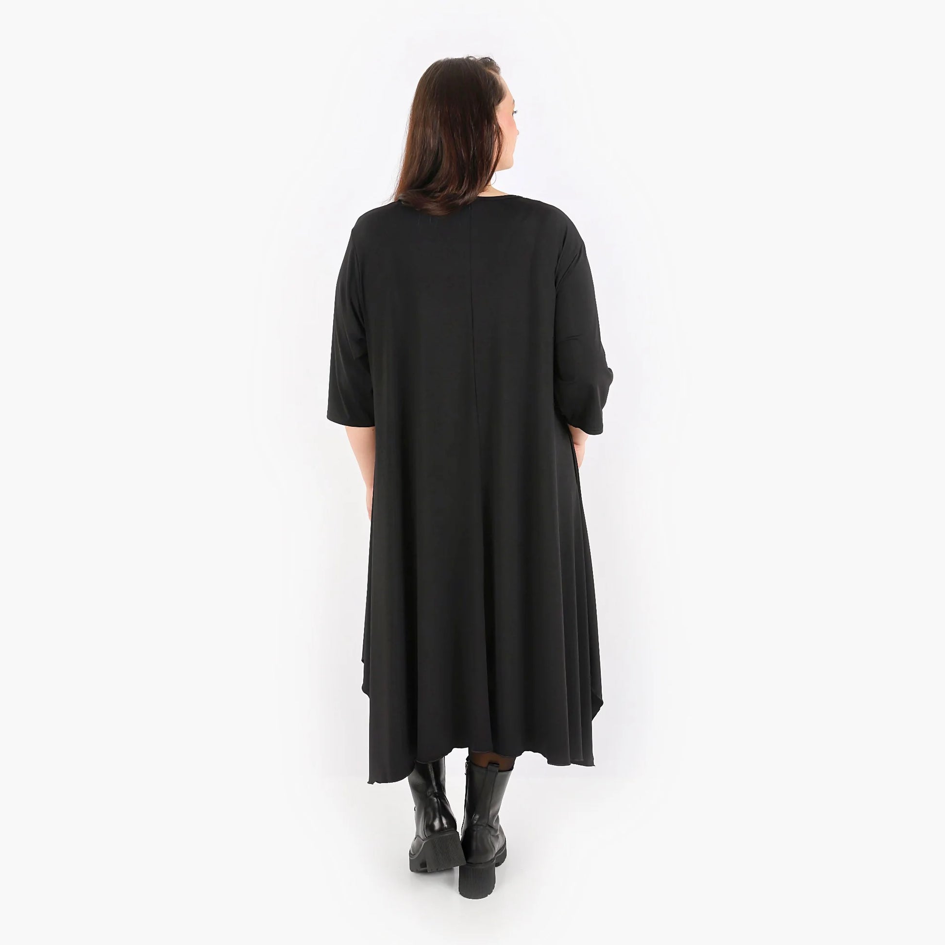  Schwarzes A-Form Kleid mit 3/4-Ärmeln aus weichem, stretchigem Slinky-Material für Plus Size