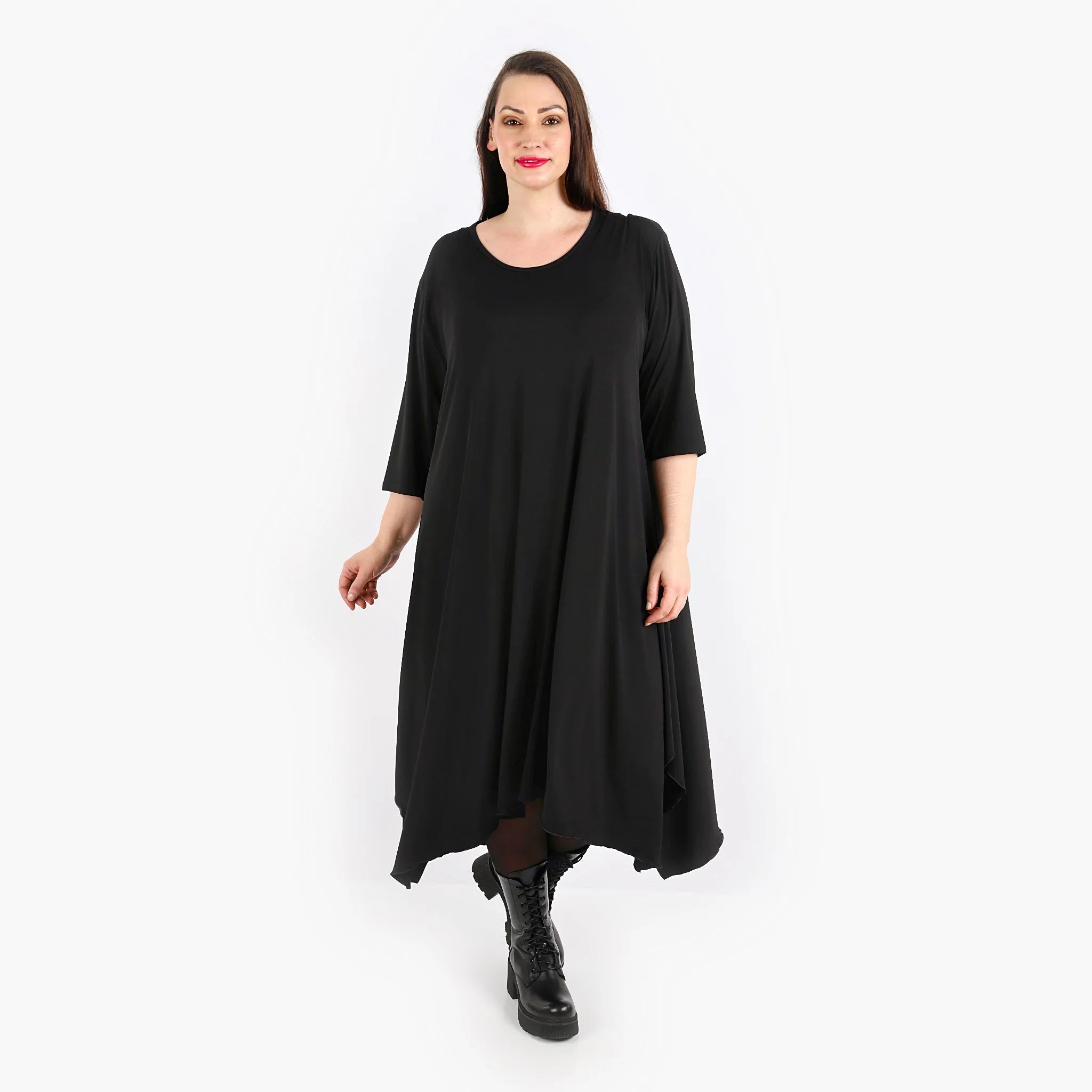  Schwarzes A-Form Kleid mit 3/4-Ärmeln aus weichem, stretchigem Slinky-Material für Plus Size