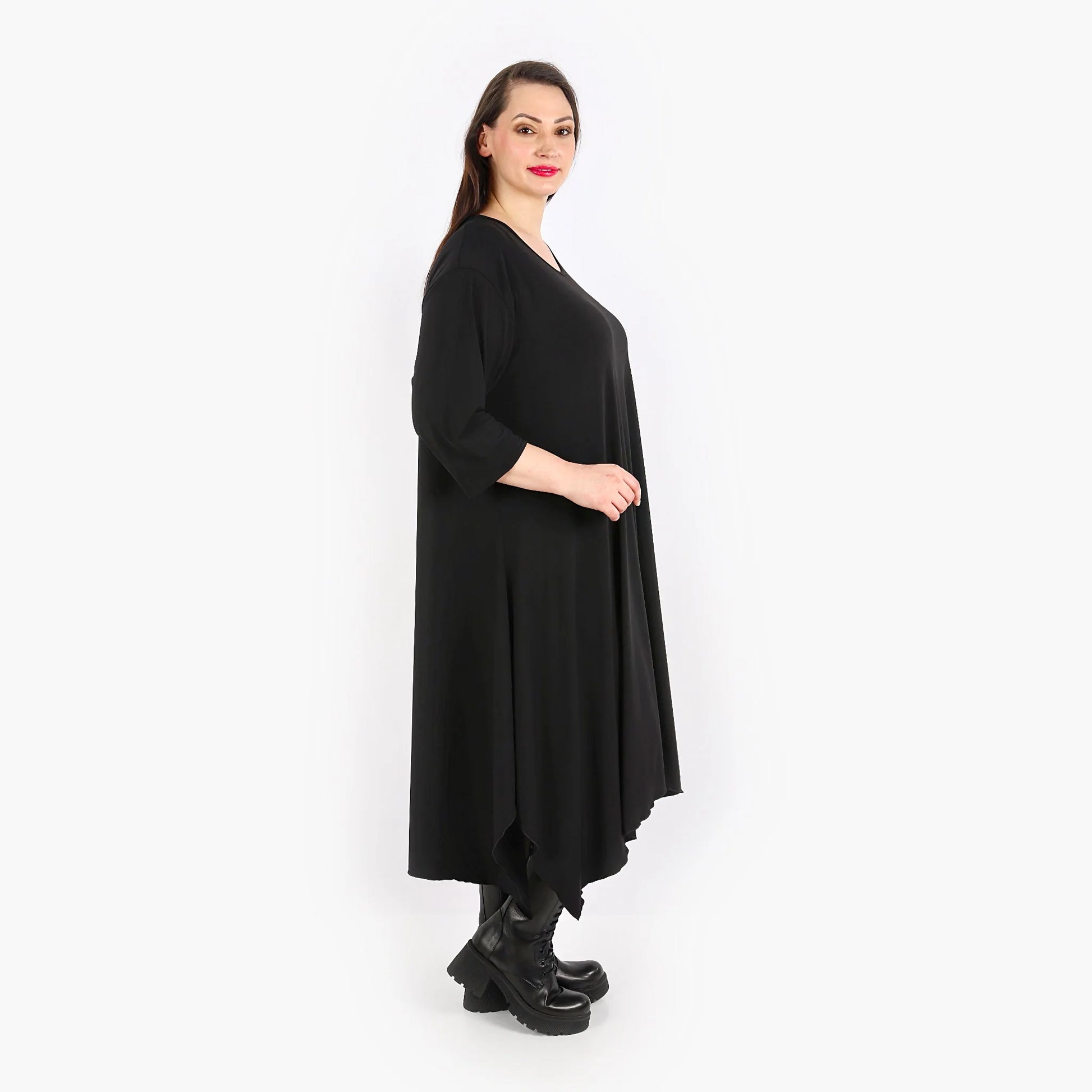  Schwarzes A-Form Kleid mit 3/4-Ärmeln aus weichem, stretchigem Slinky-Material für Plus Size