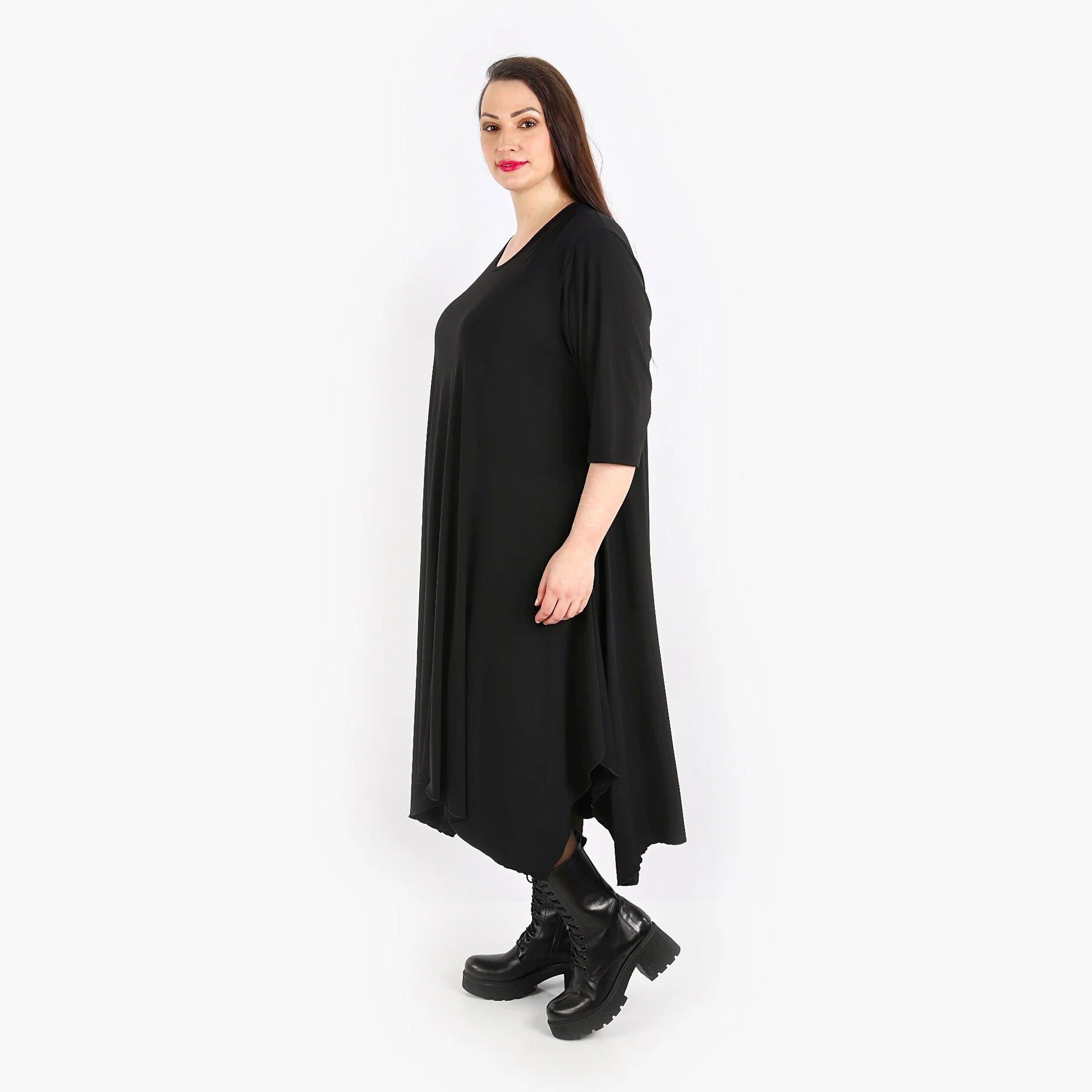  Schwarzes A-Form Kleid mit 3/4-Ärmeln aus weichem, stretchigem Slinky-Material für Plus Size