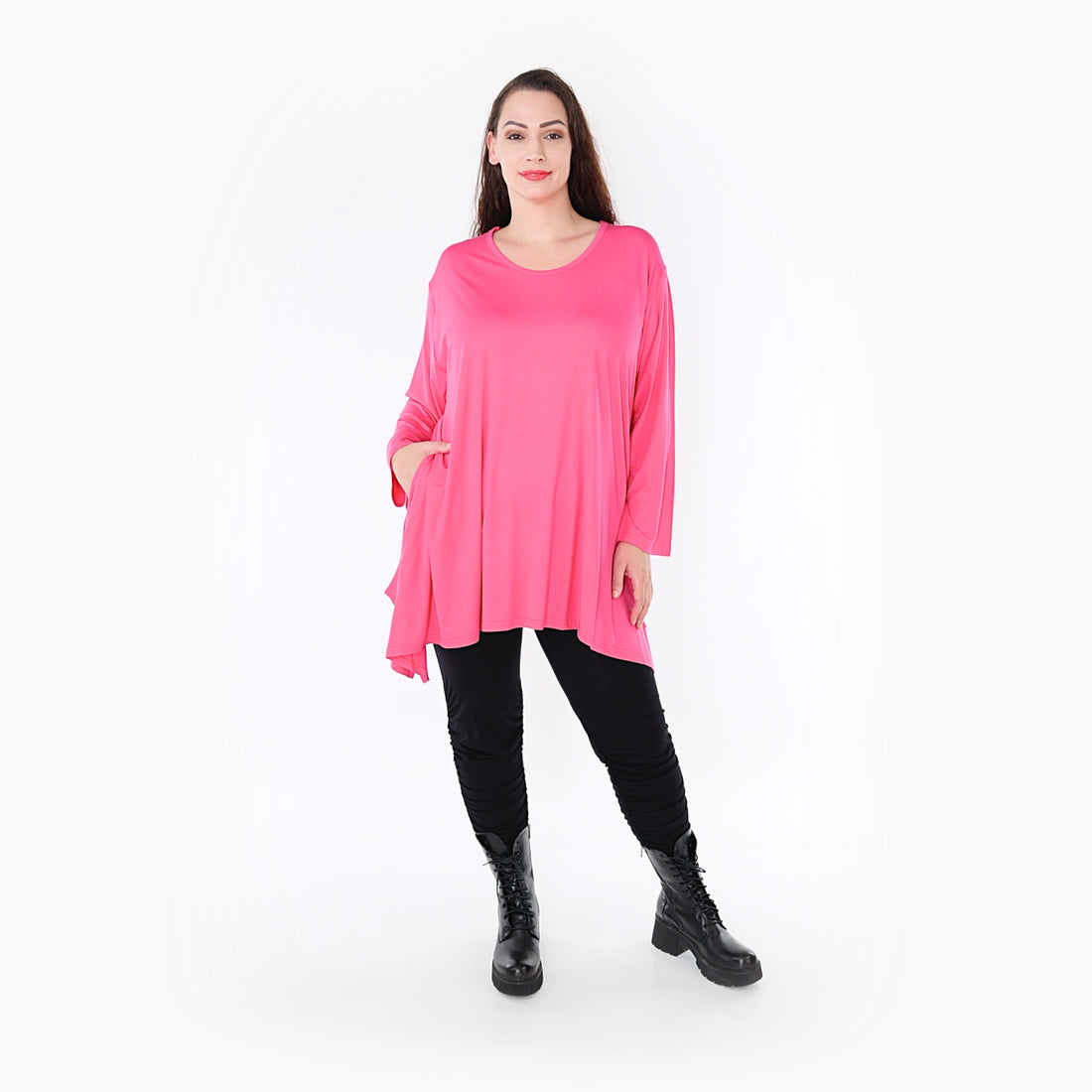  A-Form Shirt in Fuchsia mit Lagenlook, langen Ärmeln und praktischen Taschen für einen lässigen Stil