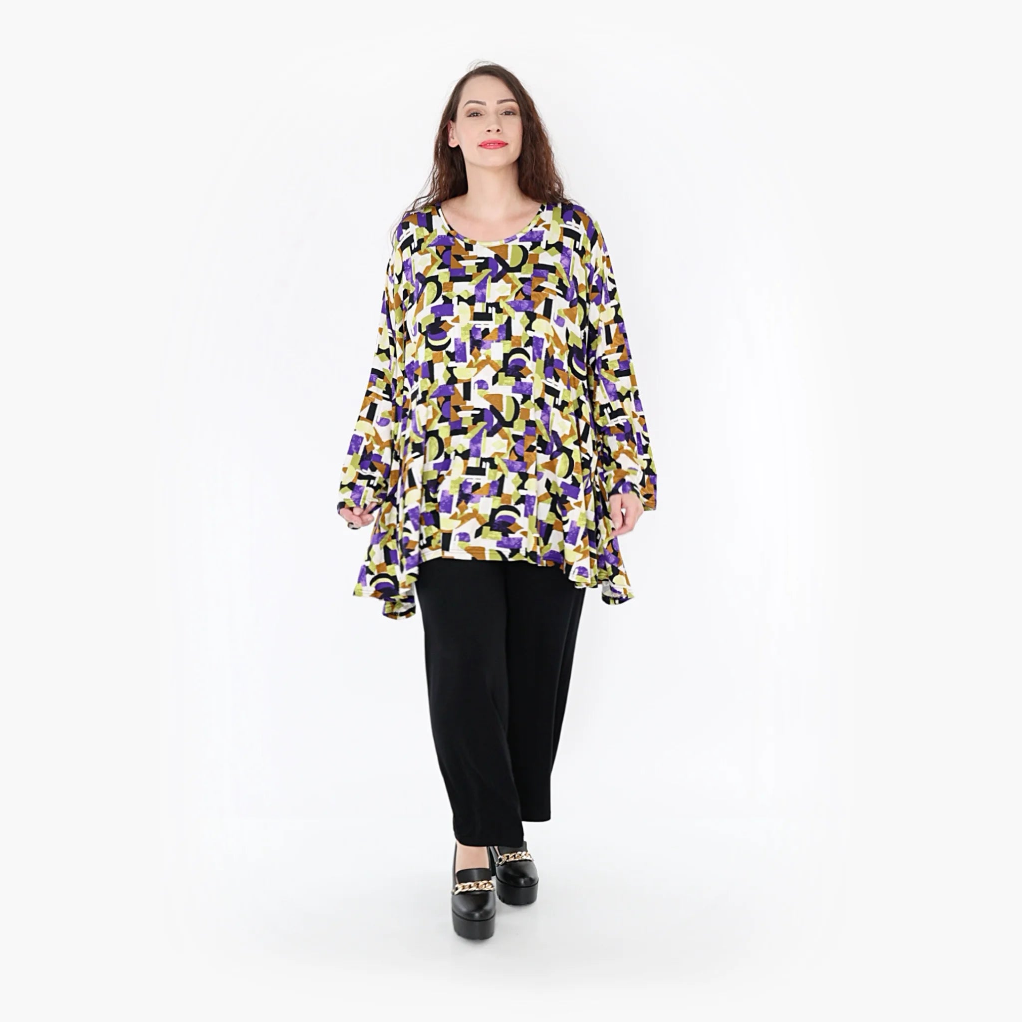  A-Form Bigshirt von AKH Fashion aus Viskose, 1345.00593, Violett-Lime-Schwarz, Grafik