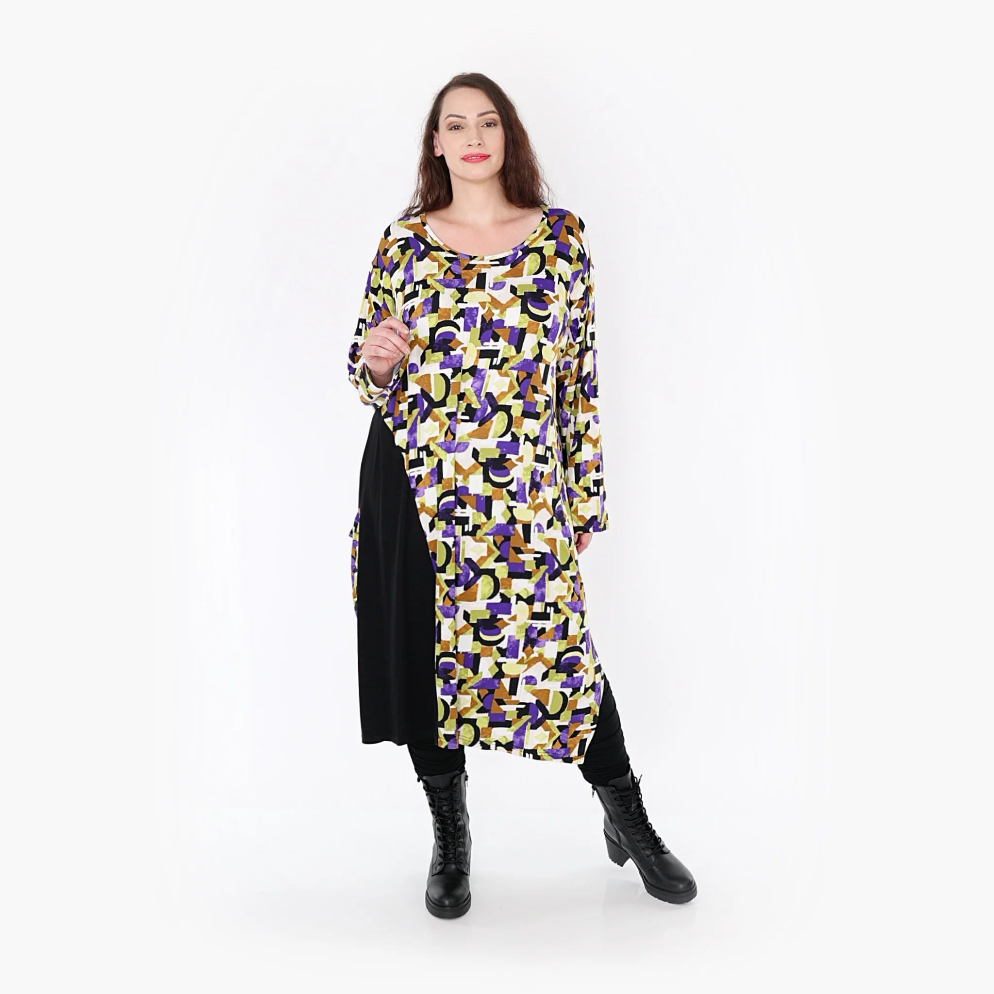  Plus Size Ballonkleid im Lagenlook in Violett und Grün mit grafischem Design für Herbst/Winter