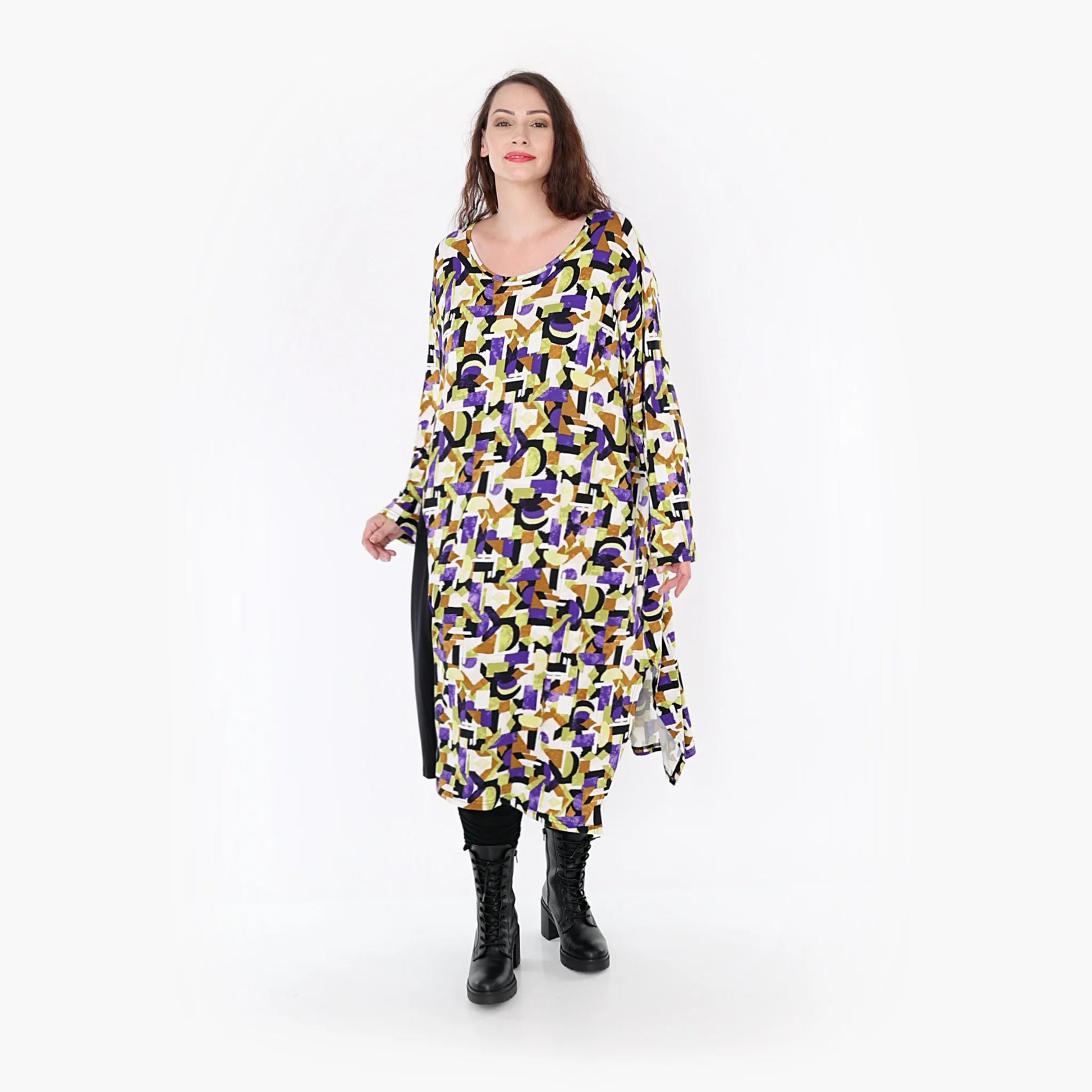  Plus Size Ballonkleid im Lagenlook in Violett und Grün mit grafischem Design für Herbst/Winter