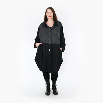  Stylische Bluse im Lagenlook in Schwarz-Grau mit praktischen Taschen für den Plus-Size-Look