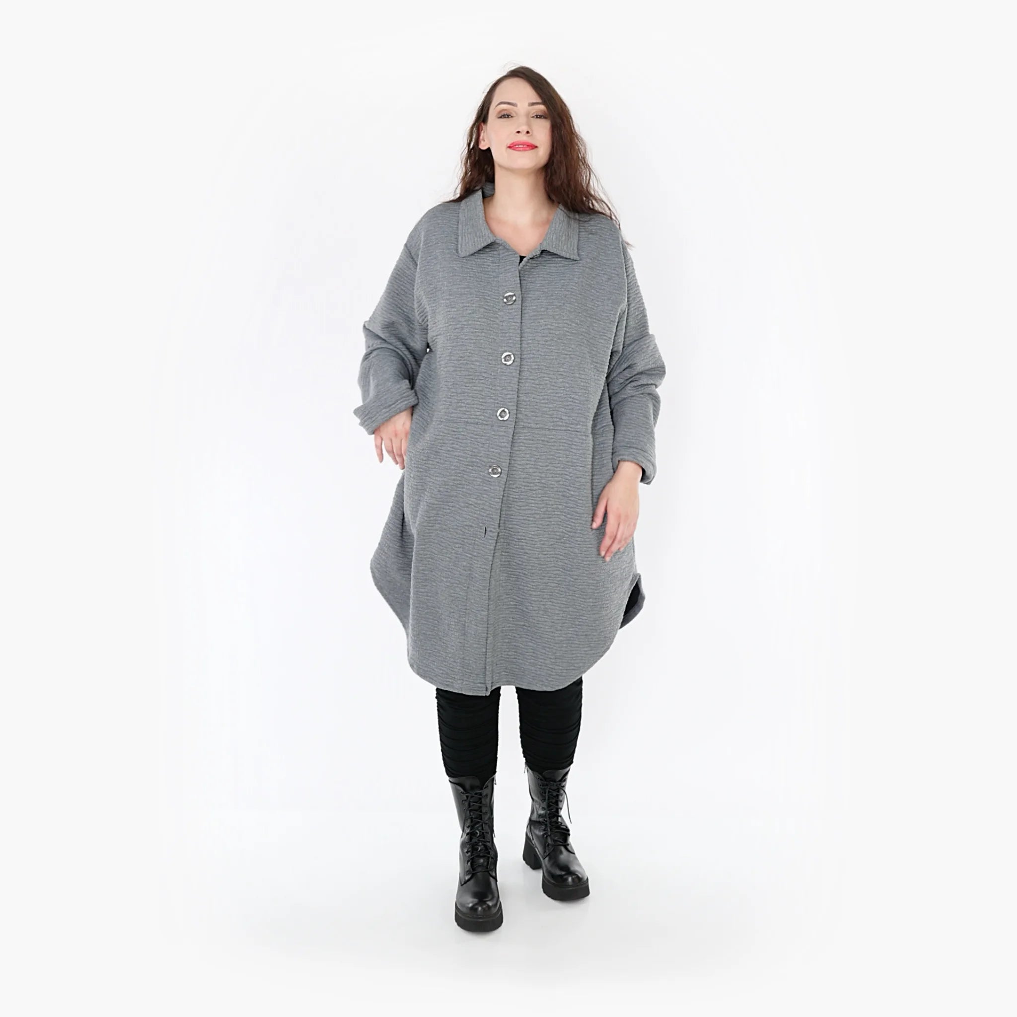  AKH Fashion Bluse in gerundeter Form, aus Materialmix, 1347.06881, Grau, Wellen, Schick