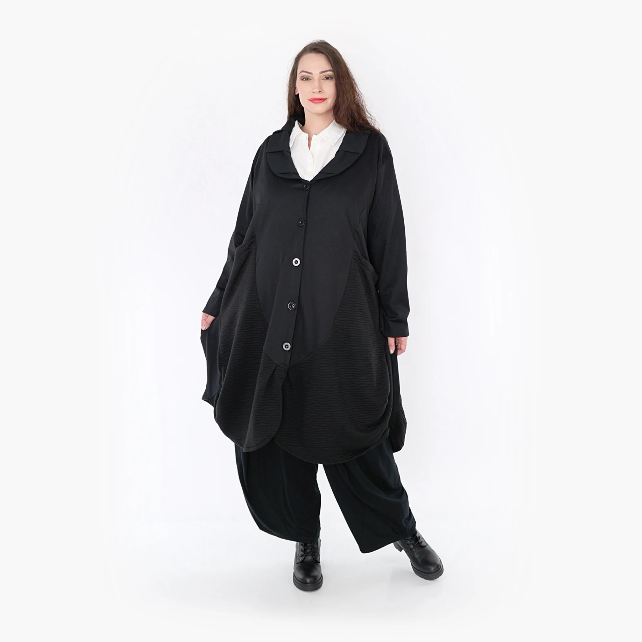  Ballonmantel im Wellenmuster für Plus Size und Oversize-Looks mit langen Ärmeln und Taschen