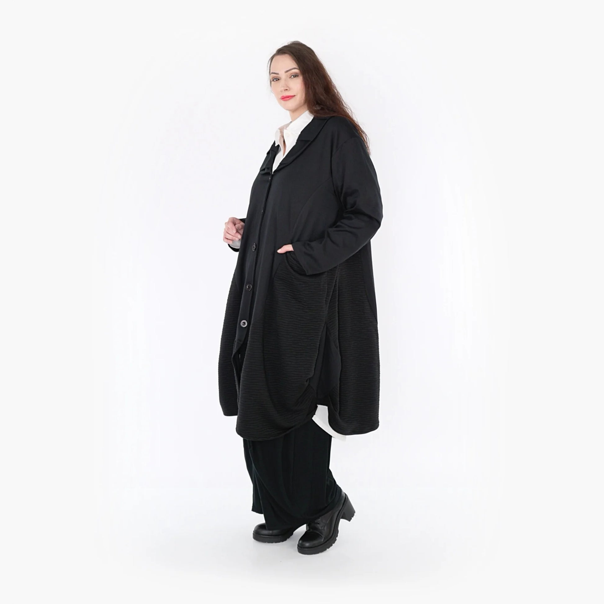  Ballonmantel im Wellenmuster für Plus Size und Oversize-Looks mit langen Ärmeln und Taschen