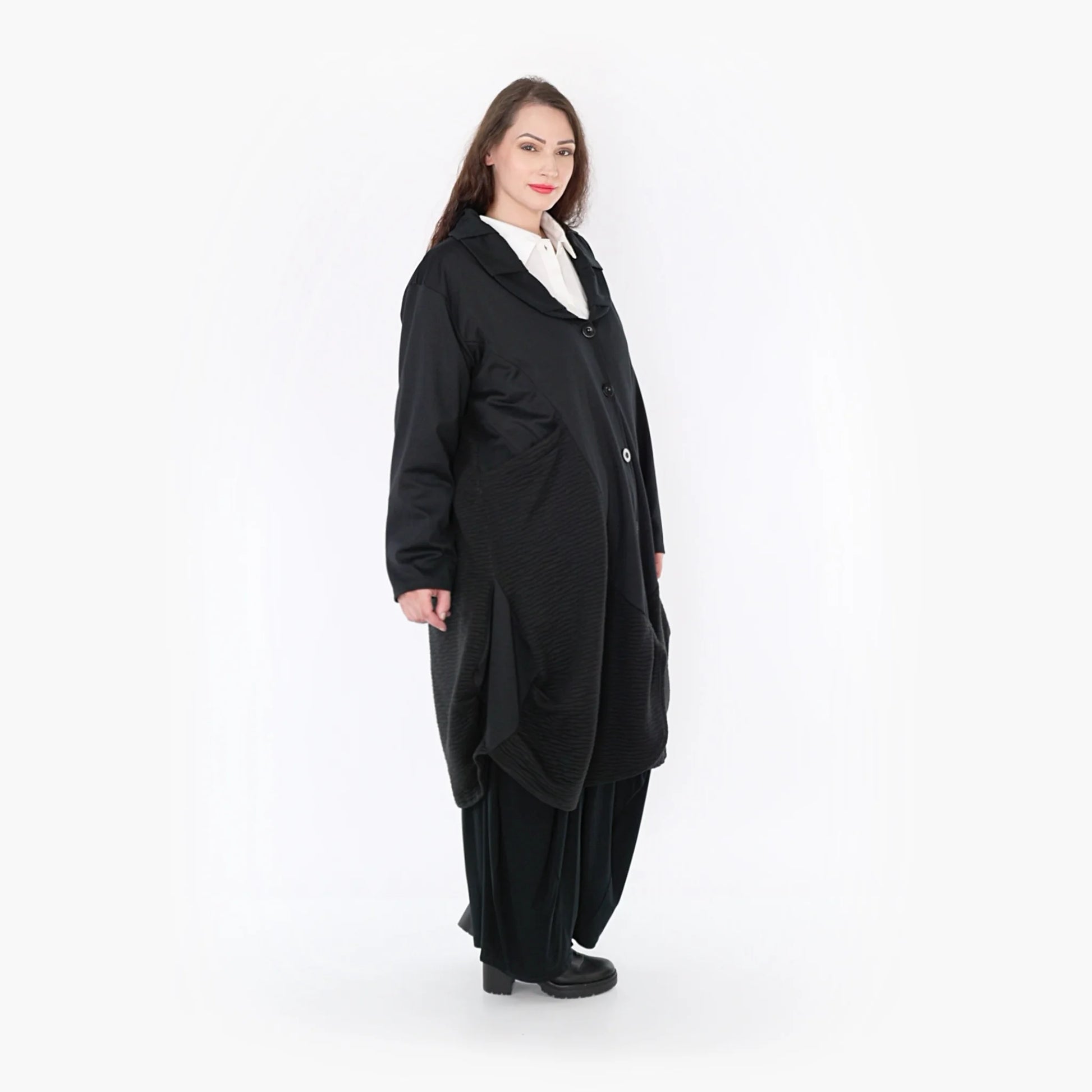  Ballonmantel im Wellenmuster für Plus Size und Oversize-Looks mit langen Ärmeln und Taschen