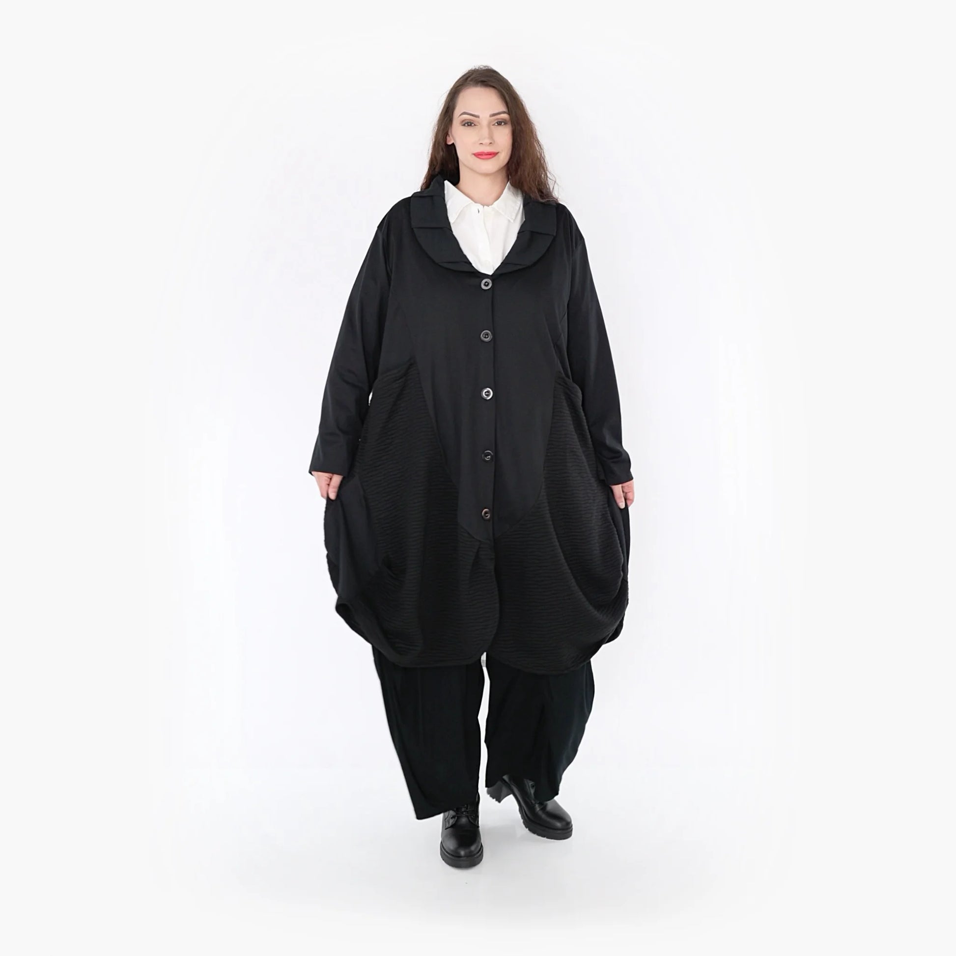  Ballonmantel im Wellenmuster für Plus Size und Oversize-Looks mit langen Ärmeln und Taschen