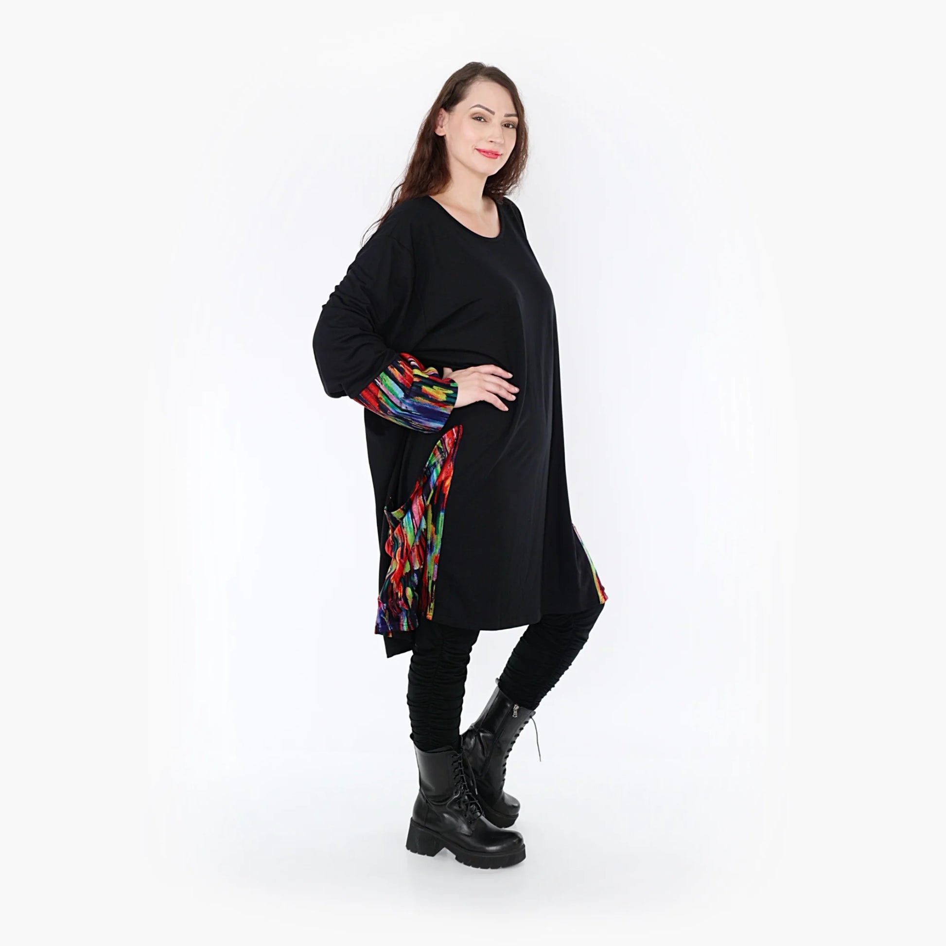  BallonBigshirt von AKH Fashion aus Viskose, 1350.06660, Schwarz-Multi, Pinselstrich, Schick