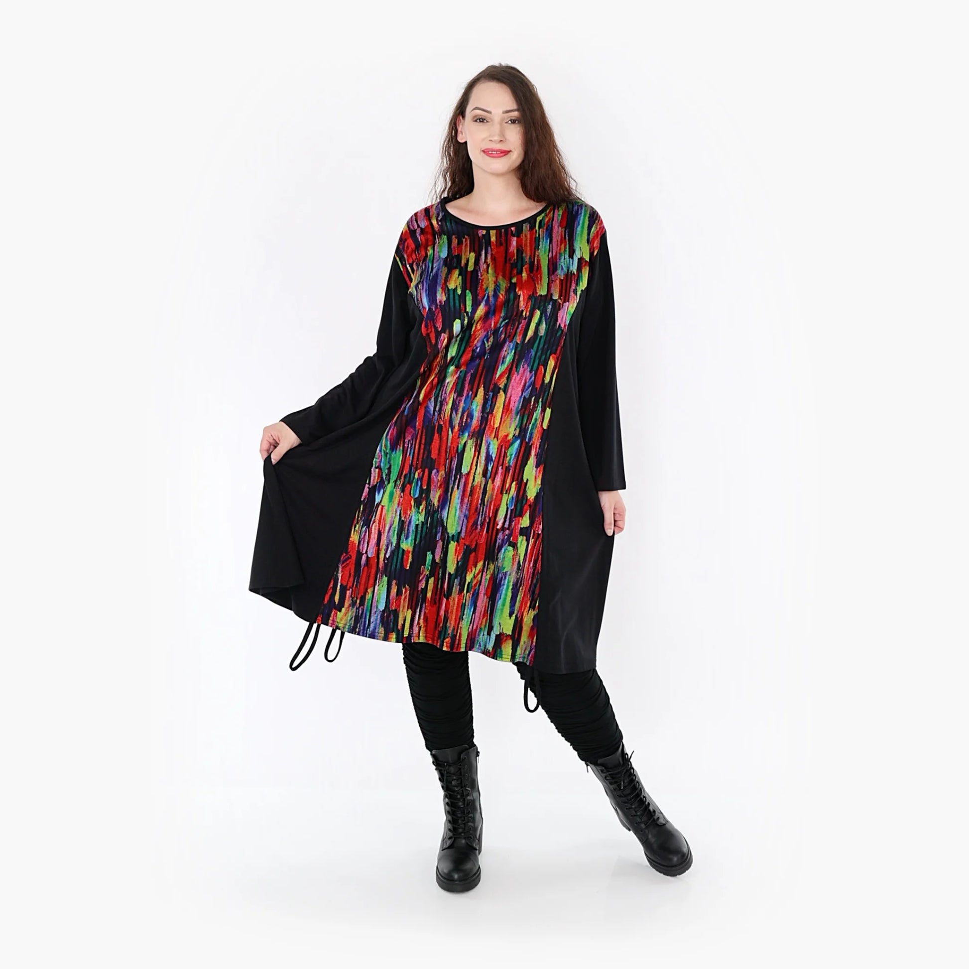  A-Form Kleid aus weichfließendem Romanit Jersey mit trendigem Pinselstrich-Muster in Schwarz-Multi