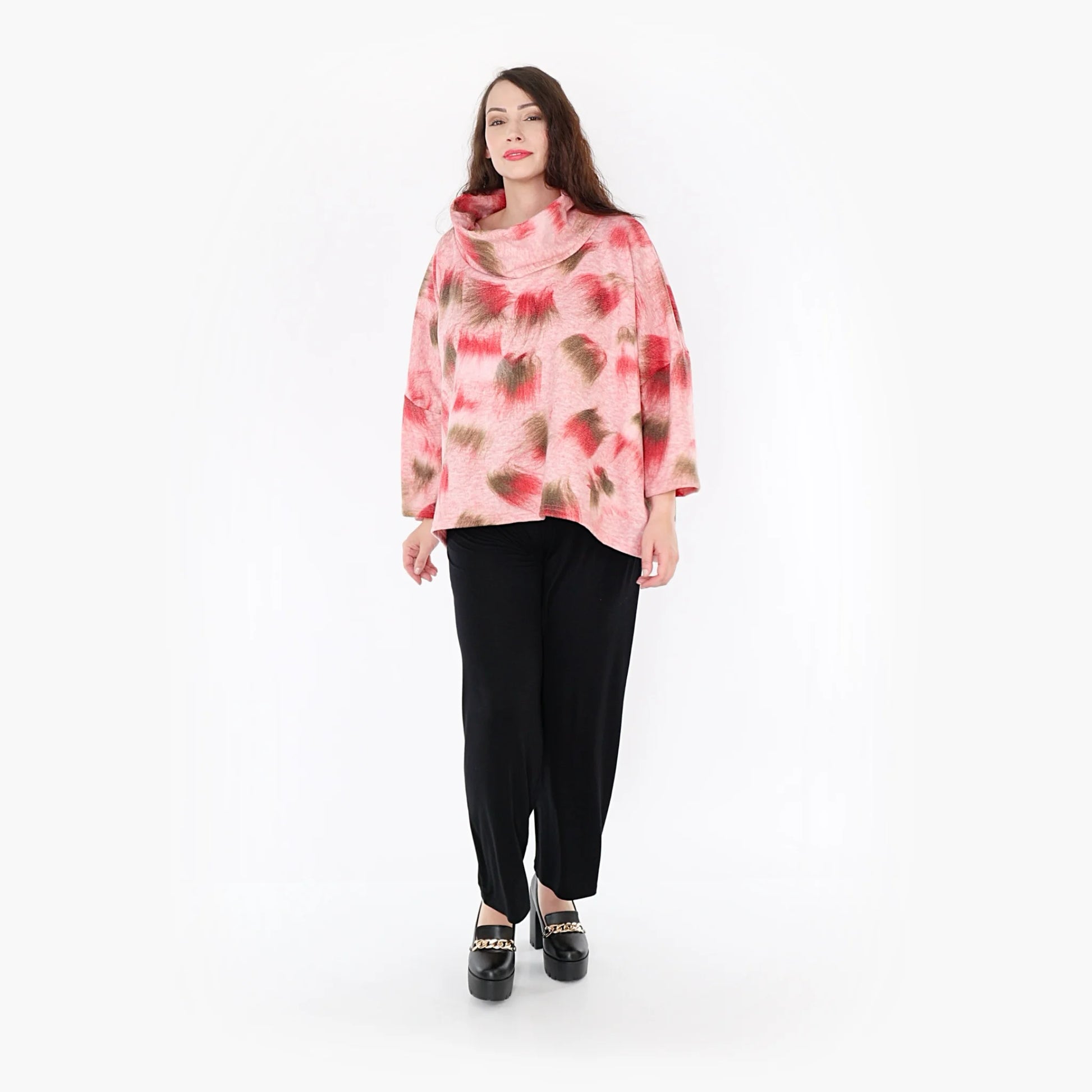  Kastiges Rollkragen-Shirt in Pink-Grün aus hochwertigem, gemütlichem Materialmix für Plus-Size-Fans