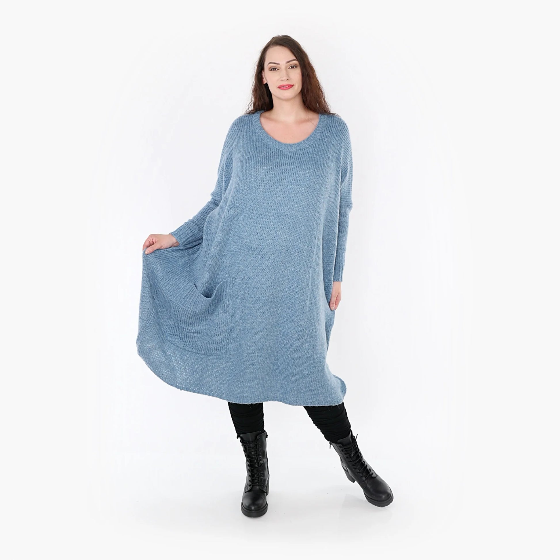  Kleid von AKH Fashion aus Materialmix in gerader Form, 1352.02109, Jeansblau, Ausgefallen