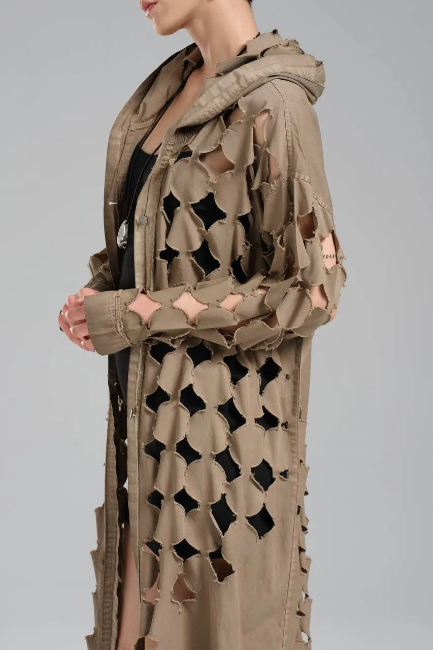  TW3 Mantel in gerader Form, aus Baumwolle, 1540, Beige, Punkte, Ausgefallen, Zeitlos