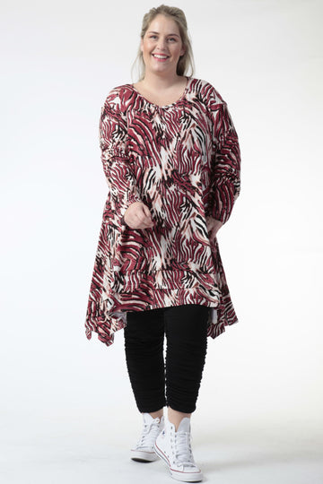  A-Form Bigshirt von AKH Fashion aus Viskose, 0733.05889, Natur-Bordeaux, Zebra, Ausgefallen