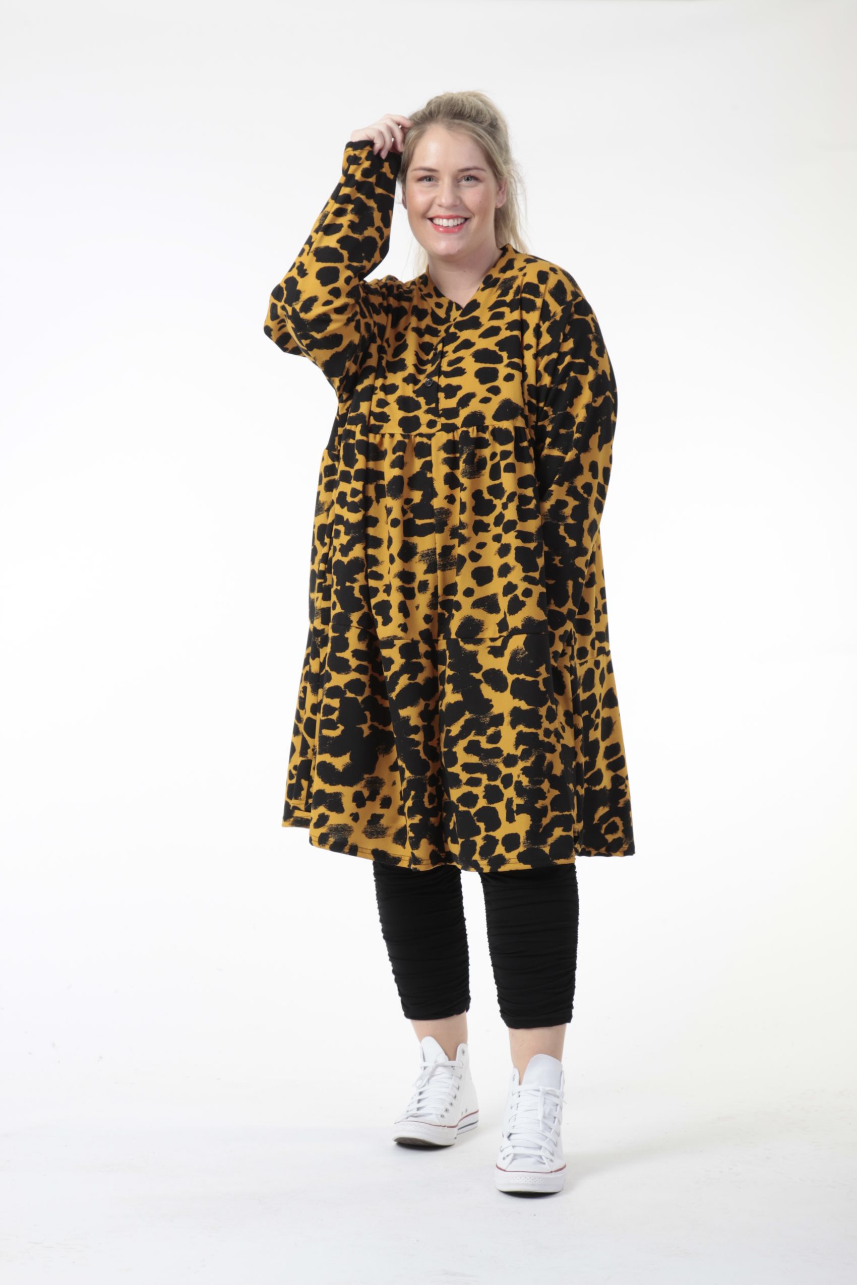  Kleid von AKH Fashion aus Viskose, 0743.06723, Schwarz-Senf, Leopard, Ausgefallen, Modern