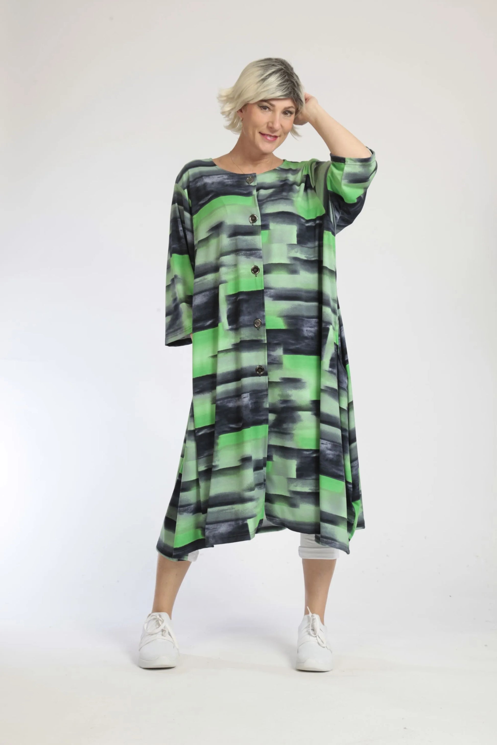  A-Form Mantel in Dunkelblaugrün aus leichtem Slinky-Material für stilvolle Plus Size Looks