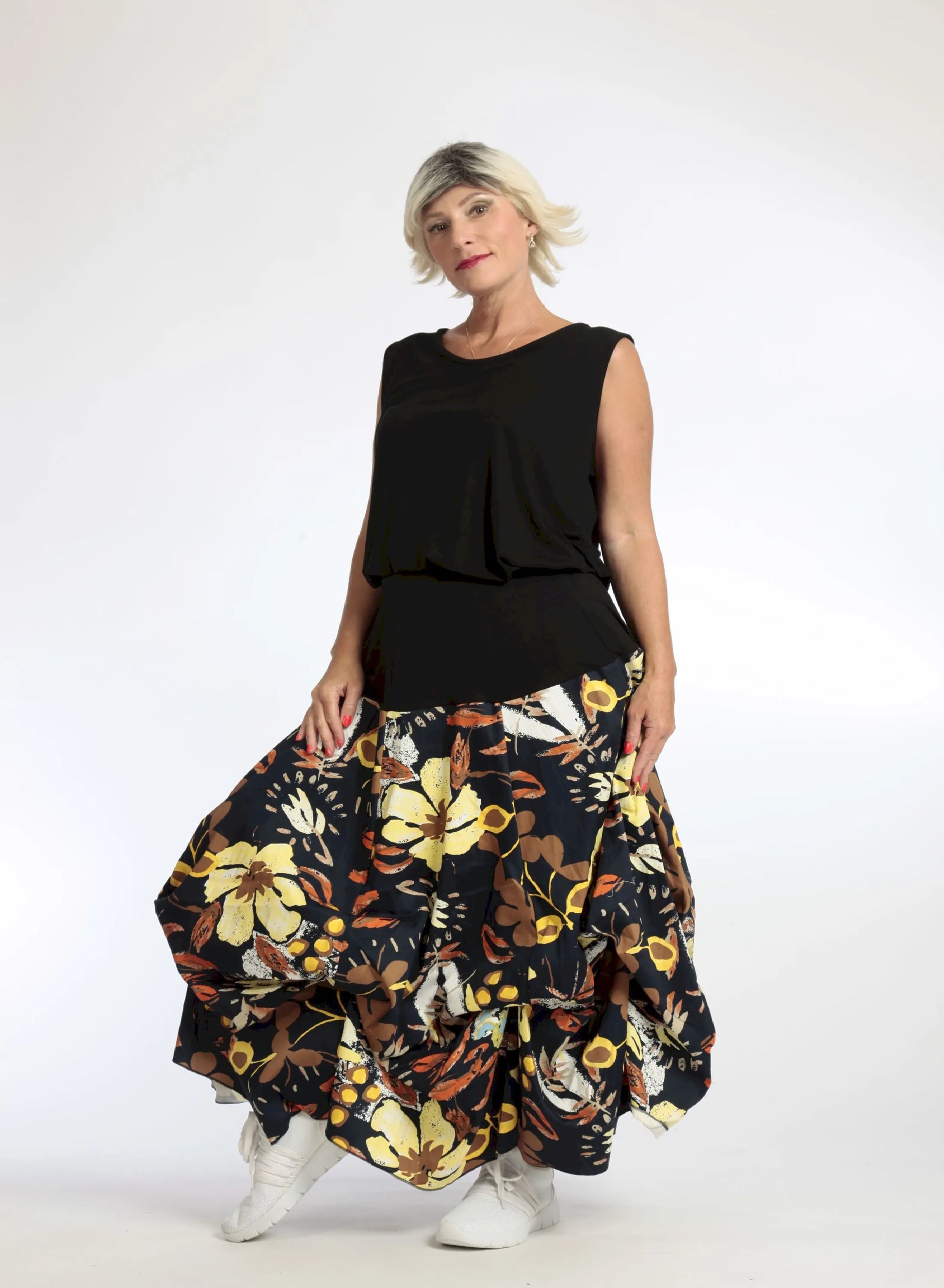  Eleganter Ballonrock mit floralen Mustern in Dunkelblau und elastischem Bund für Plus Size Fashion