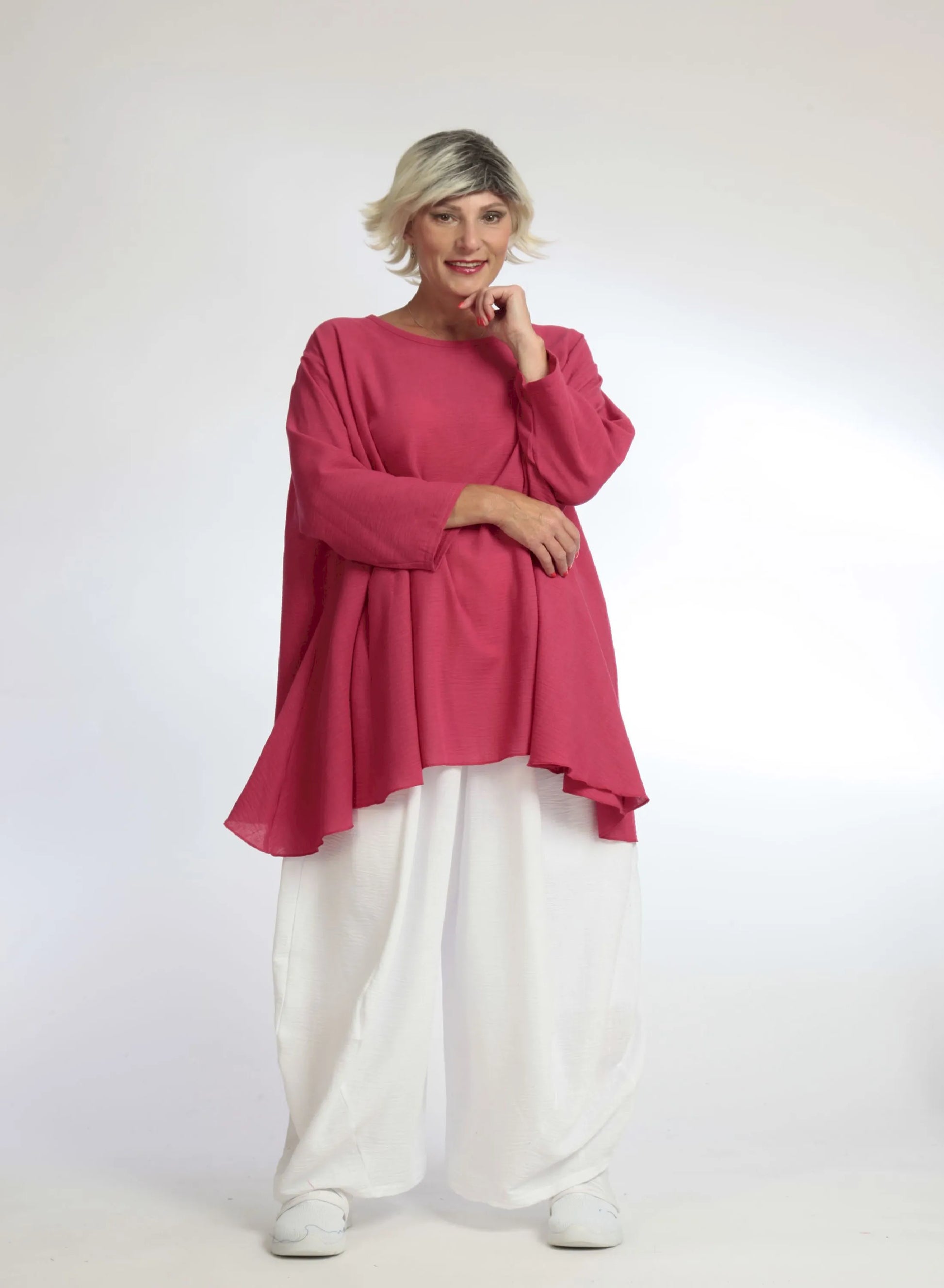  A-Form Shirt in leuchtendem Fuchsia mit 3/4-Ärmeln für sportlichen und lässigen Look Plus Size