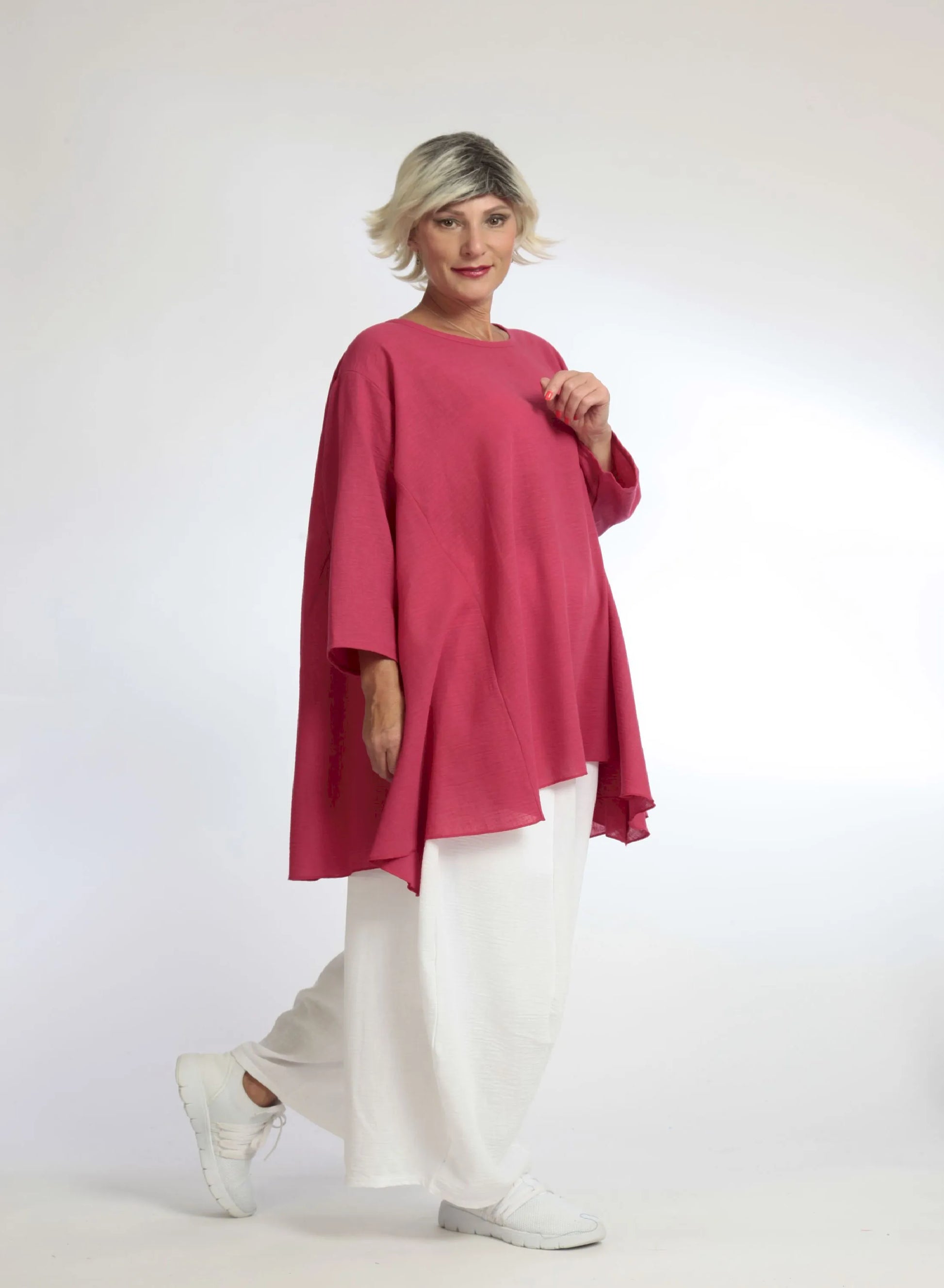  A-Form Shirt in leuchtendem Fuchsia mit 3/4-Ärmeln für sportlichen und lässigen Look Plus Size