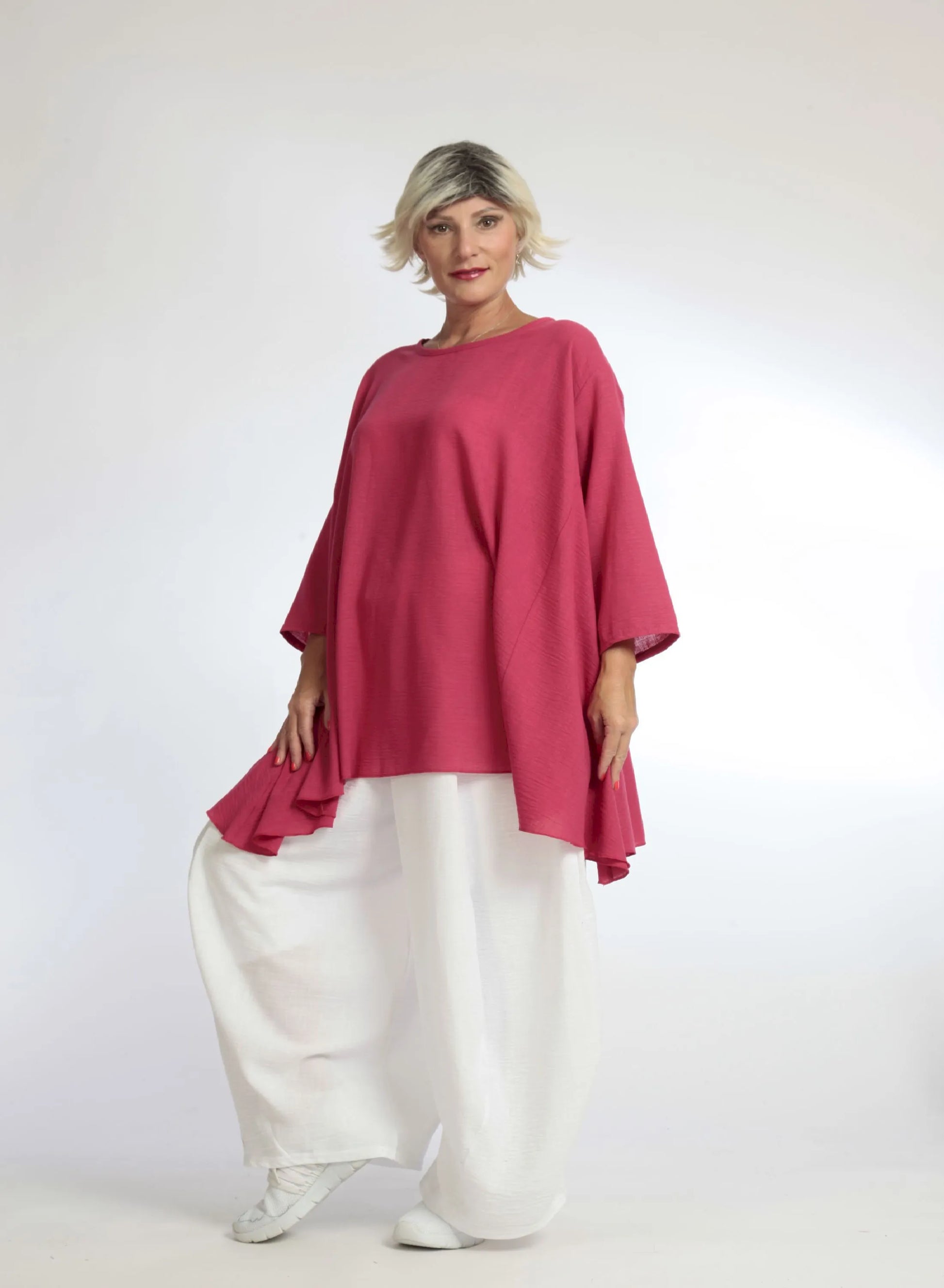  A-Form Shirt in leuchtendem Fuchsia mit 3/4-Ärmeln für sportlichen und lässigen Look Plus Size