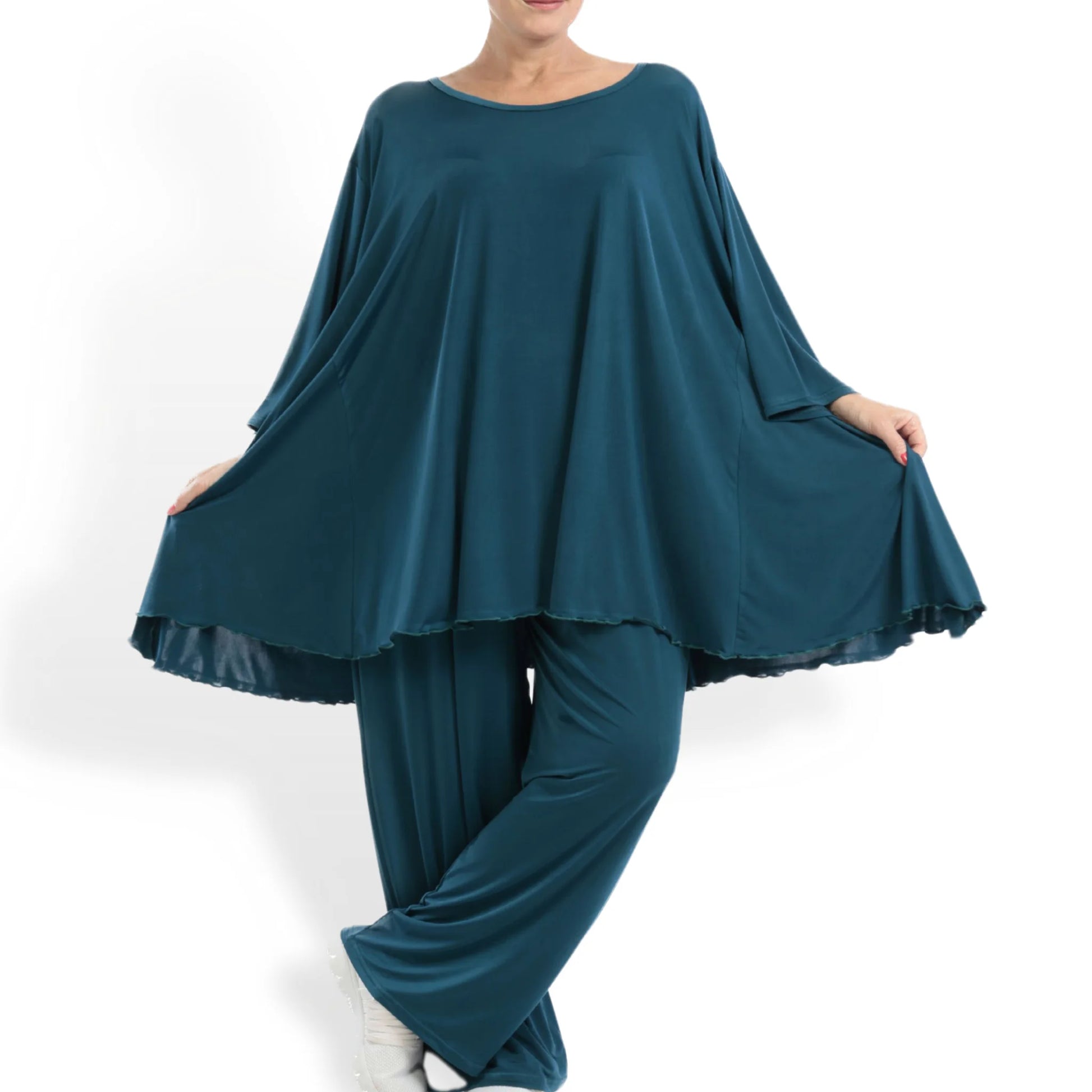  Elegantes A-Form Shirt in schickem Petrol mit luftigem Slinky-Material in Plus Size