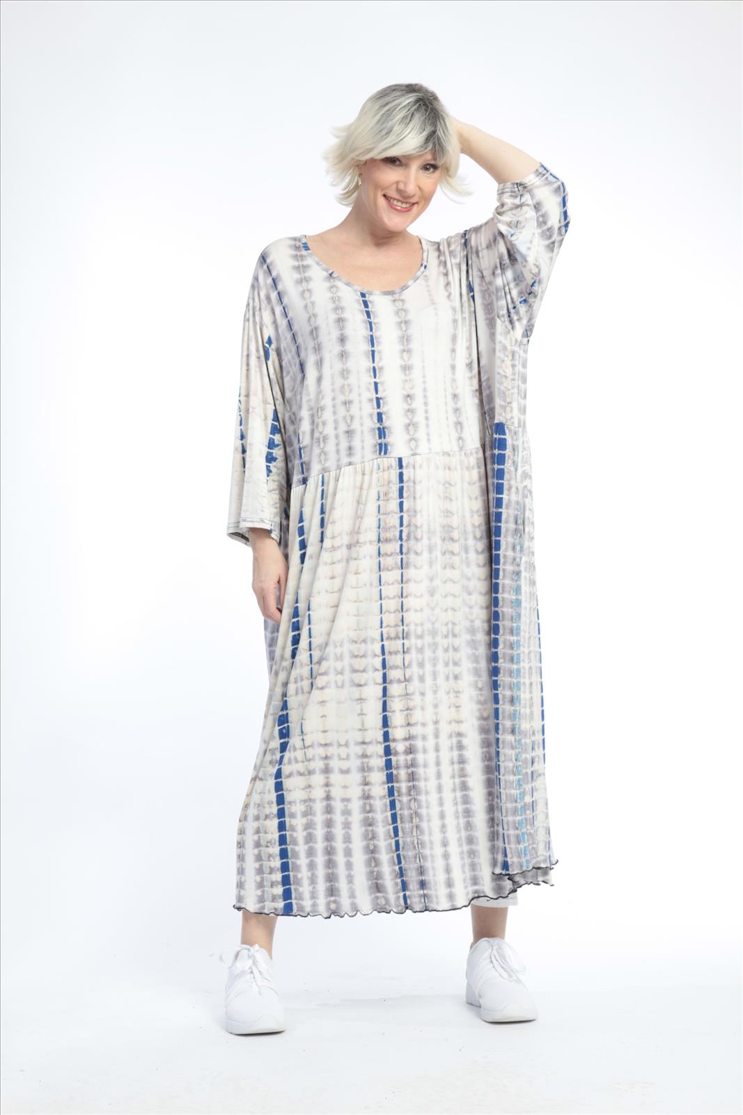  Lagenlook Kleid in Taupe-Blau mit Batikmuster, 3/4-Ärmeln für einen lässigen Sommerlook