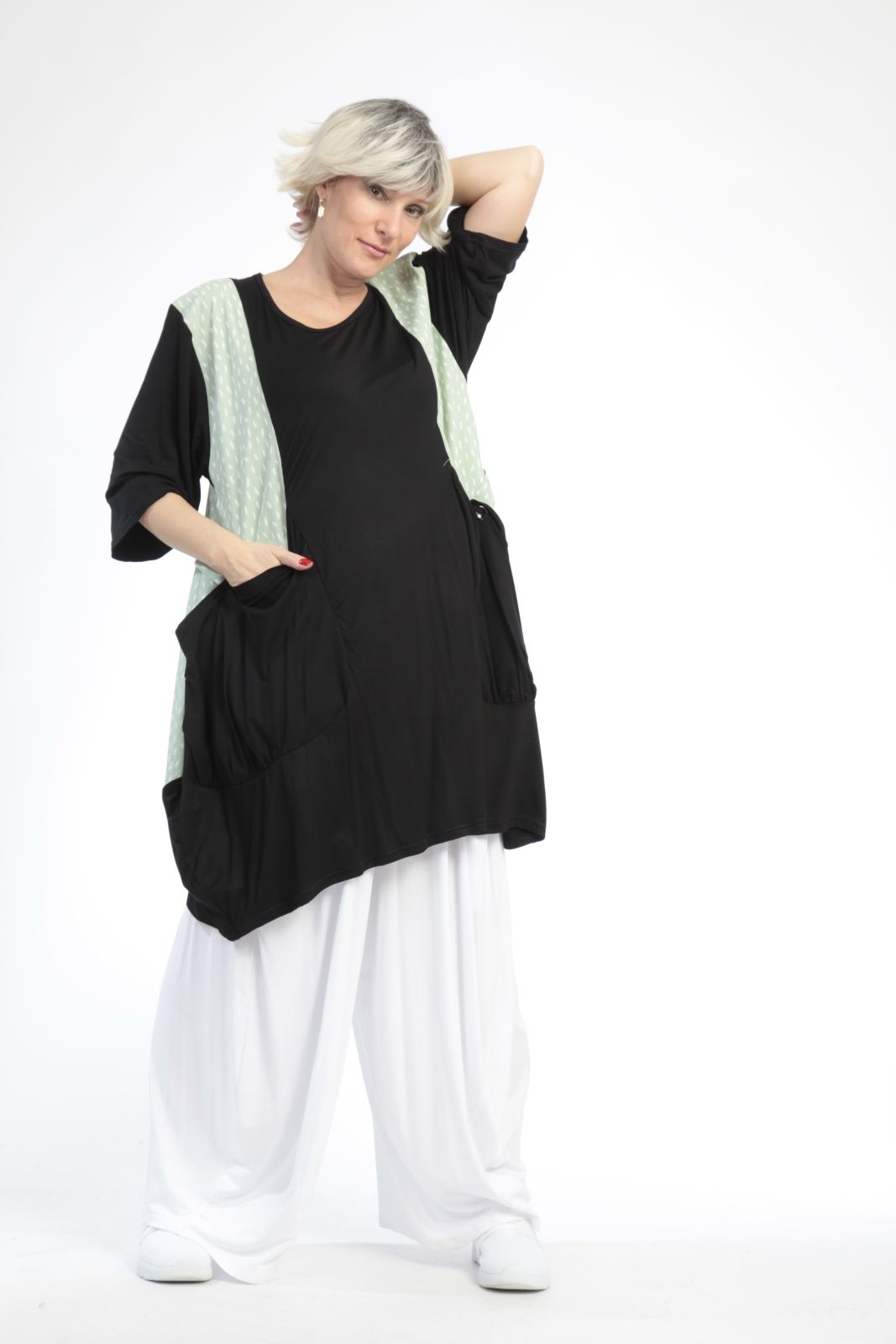  Ballonshirt von AKH Fashion aus Baumwolle, 0848.06767, Schwarz-Hellgrün, Punkte, Schick
