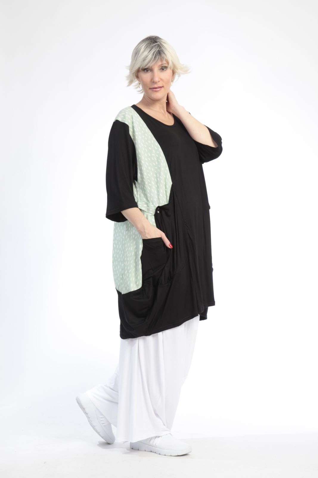  Ballonshirt von AKH Fashion aus Baumwolle, 0848.06767, Schwarz-Hellgrün, Punkte, Schick