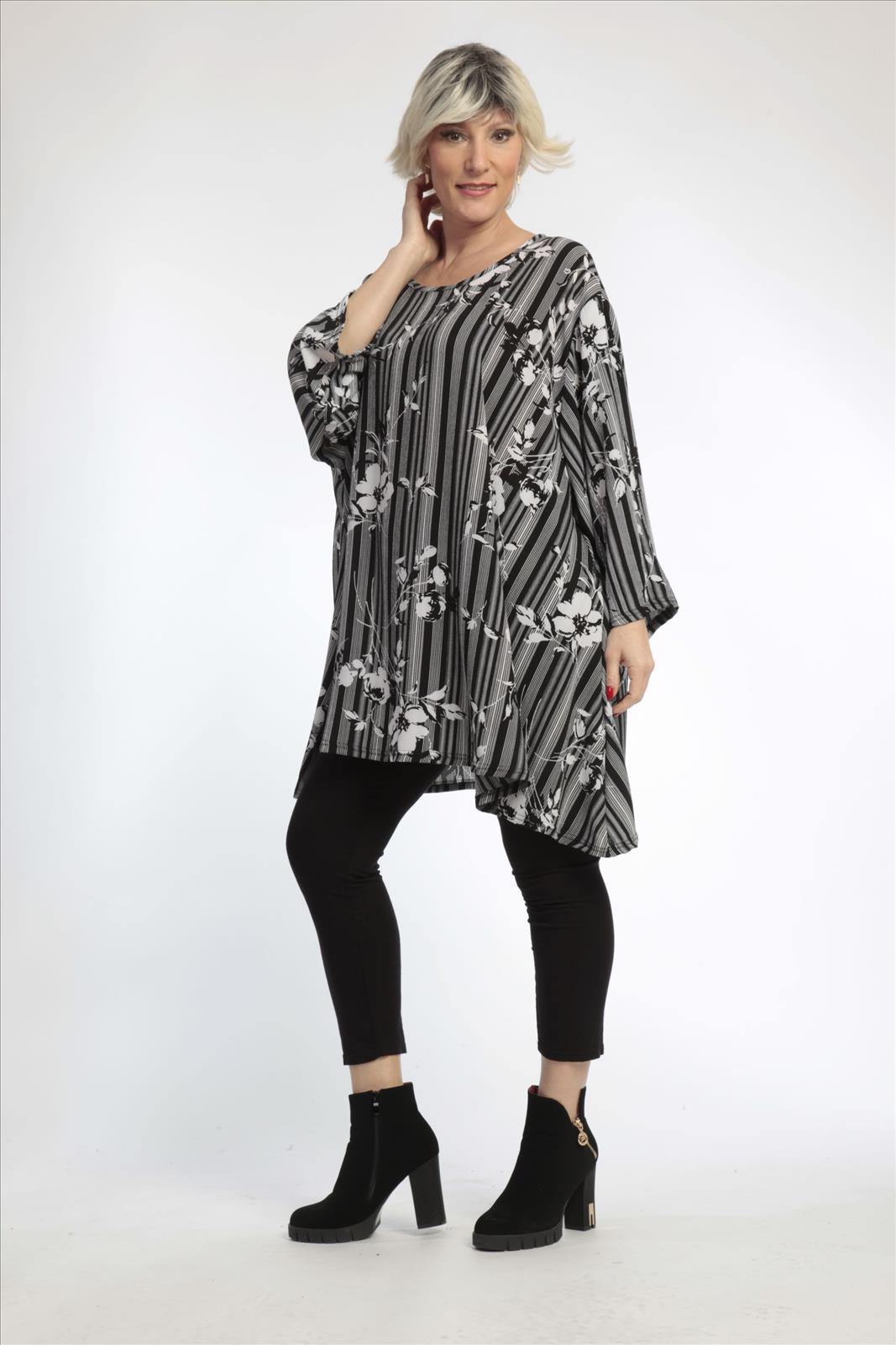  A-Form Bigshirt von AKH Fashion aus Materialmix, 0828.00593, Schwarz-Weiß, Streifen, Schick