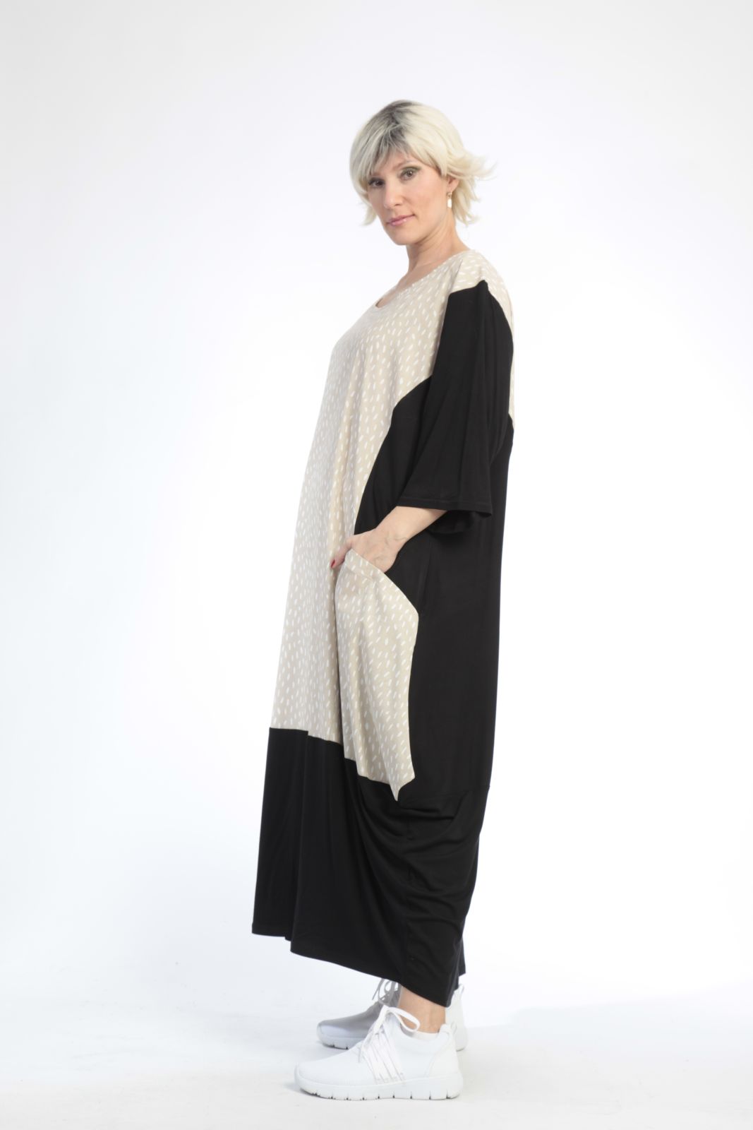  Ballonkleid von AKH Fashion aus Baumwolle, 0848.01923, Schwarz-Beige, Punkte, Schick