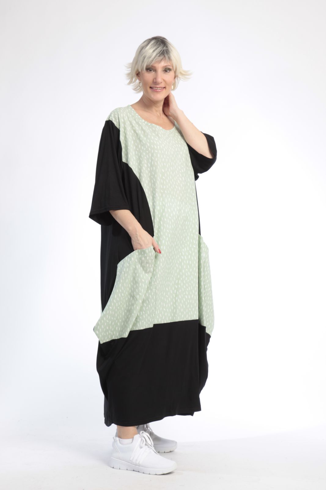  Ballonkleid von AKH Fashion aus Baumwolle, 0848.01923, Schwarz-Hellgrün, Punkte, Schick