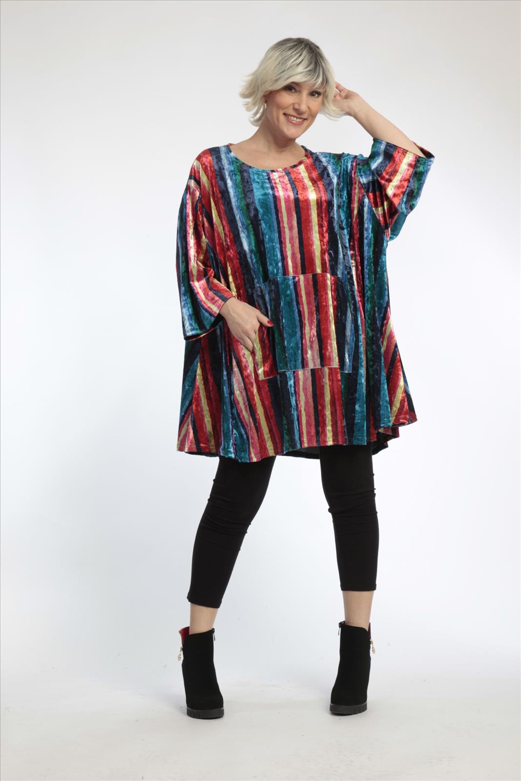  A-Form Shirt mit multicolor Streifen, 3/4 Ärmeln, oversize Schnitt für trendbewusste Plus Size Fashionistas