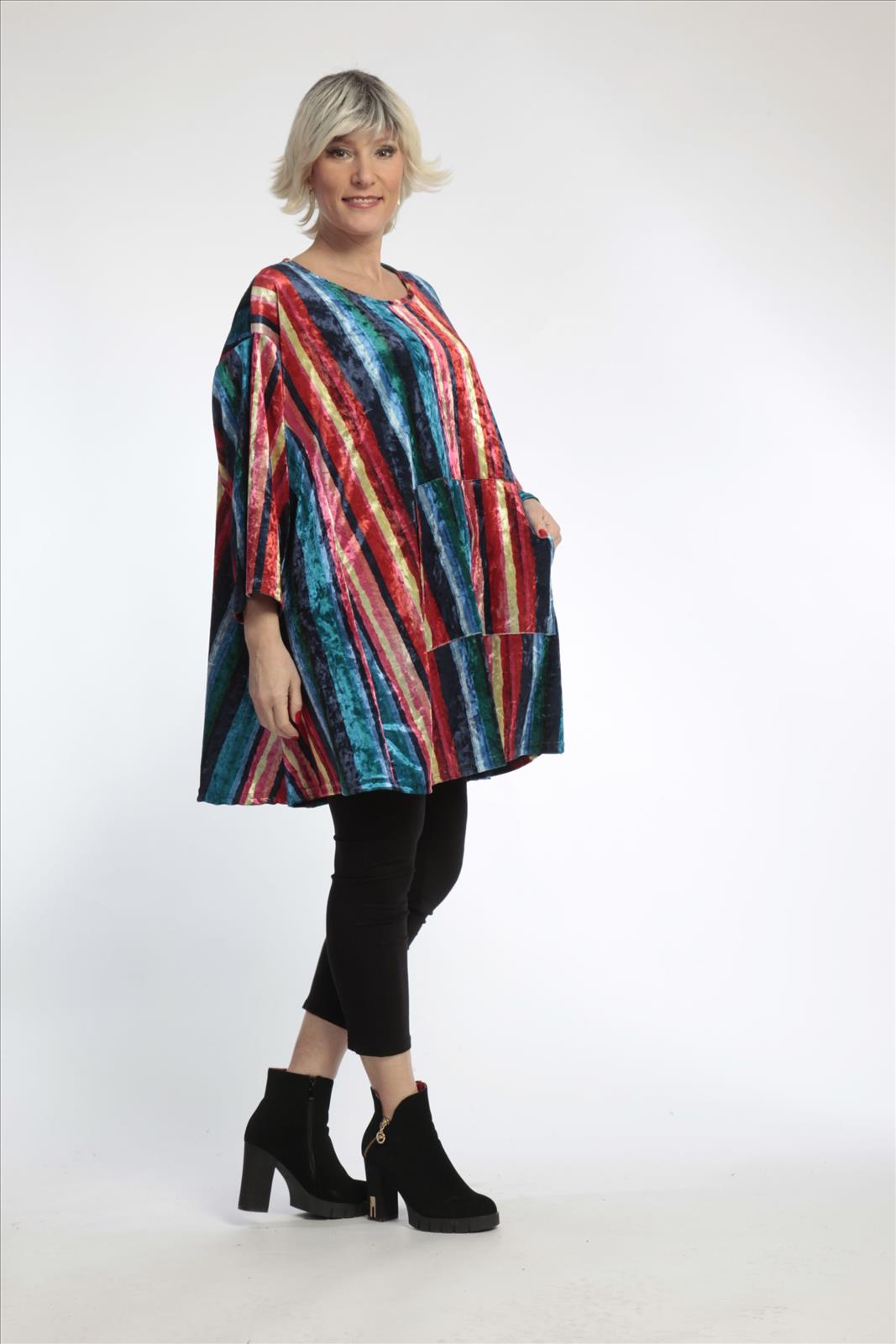  A-Form Shirt mit multicolor Streifen, 3/4 Ärmeln, oversize Schnitt für trendbewusste Plus Size Fashionistas