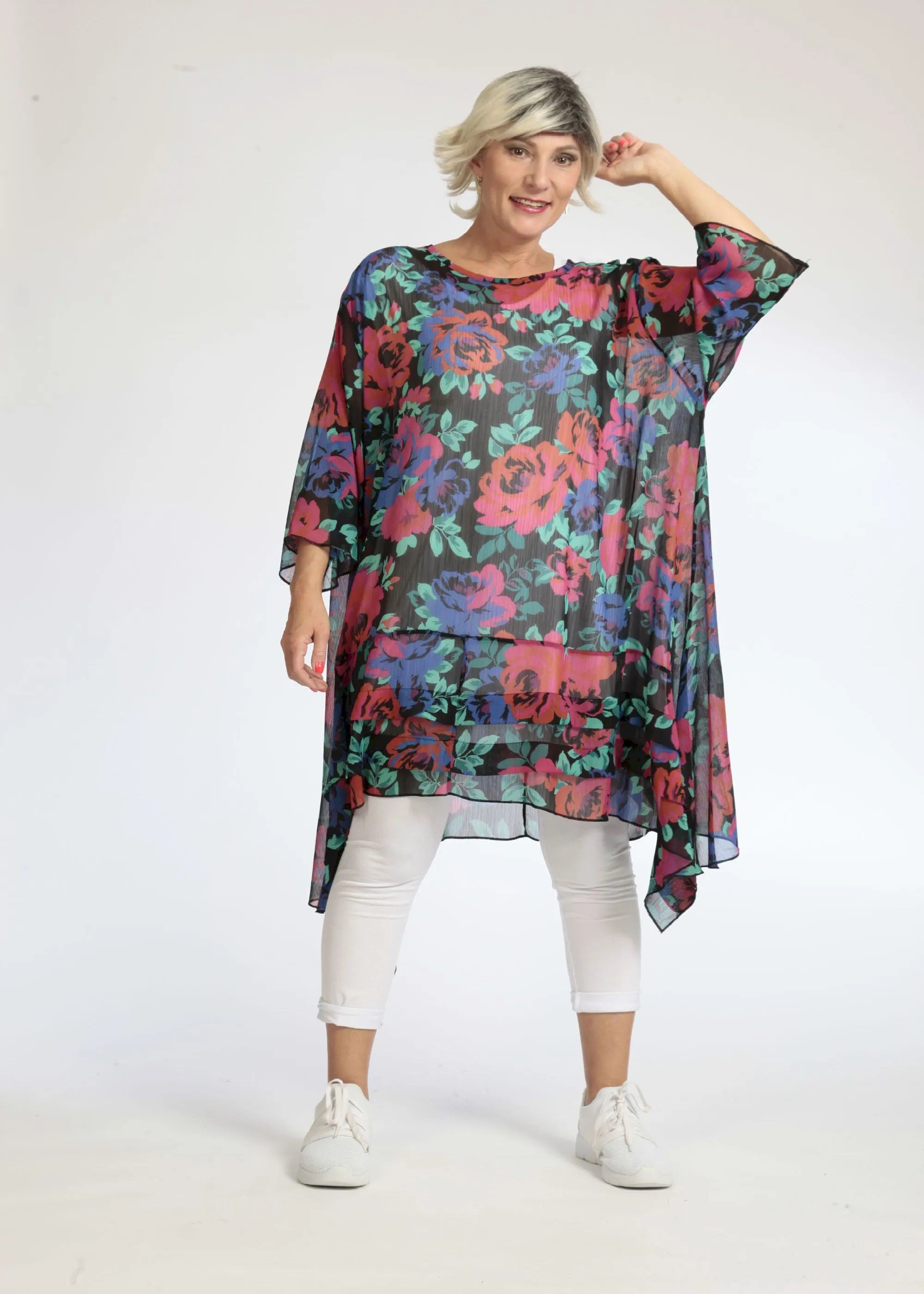  A-Form Bigshirt von AKH Fashion aus Polyester, 1076.06567, Schwarz-Rot-Blau, Blumen, Schick