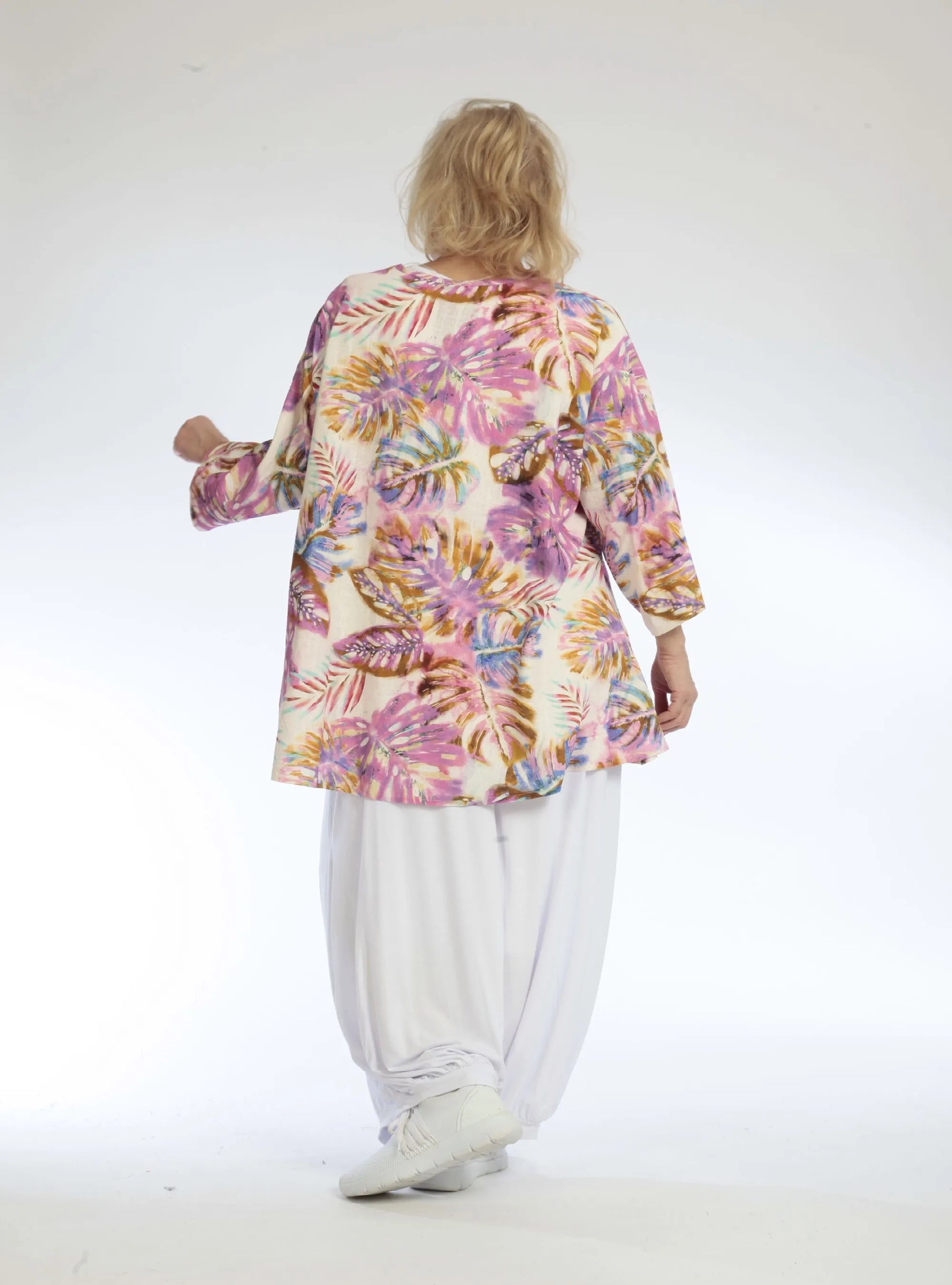  A-Form Shirt in Leinenoptik mit floralem Design, 3/4-Arm und Oversize-Schnitt für Plus Size