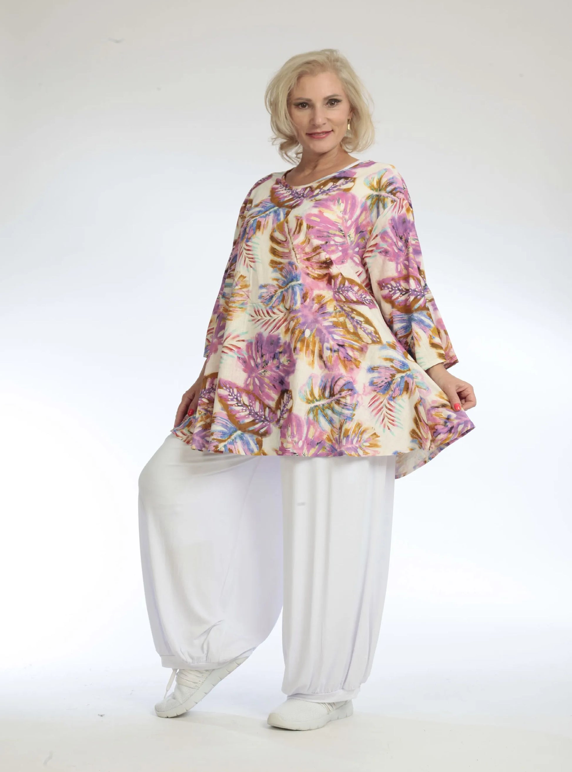  A-Form Shirt in Leinenoptik mit floralem Design, 3/4-Arm und Oversize-Schnitt für Plus Size