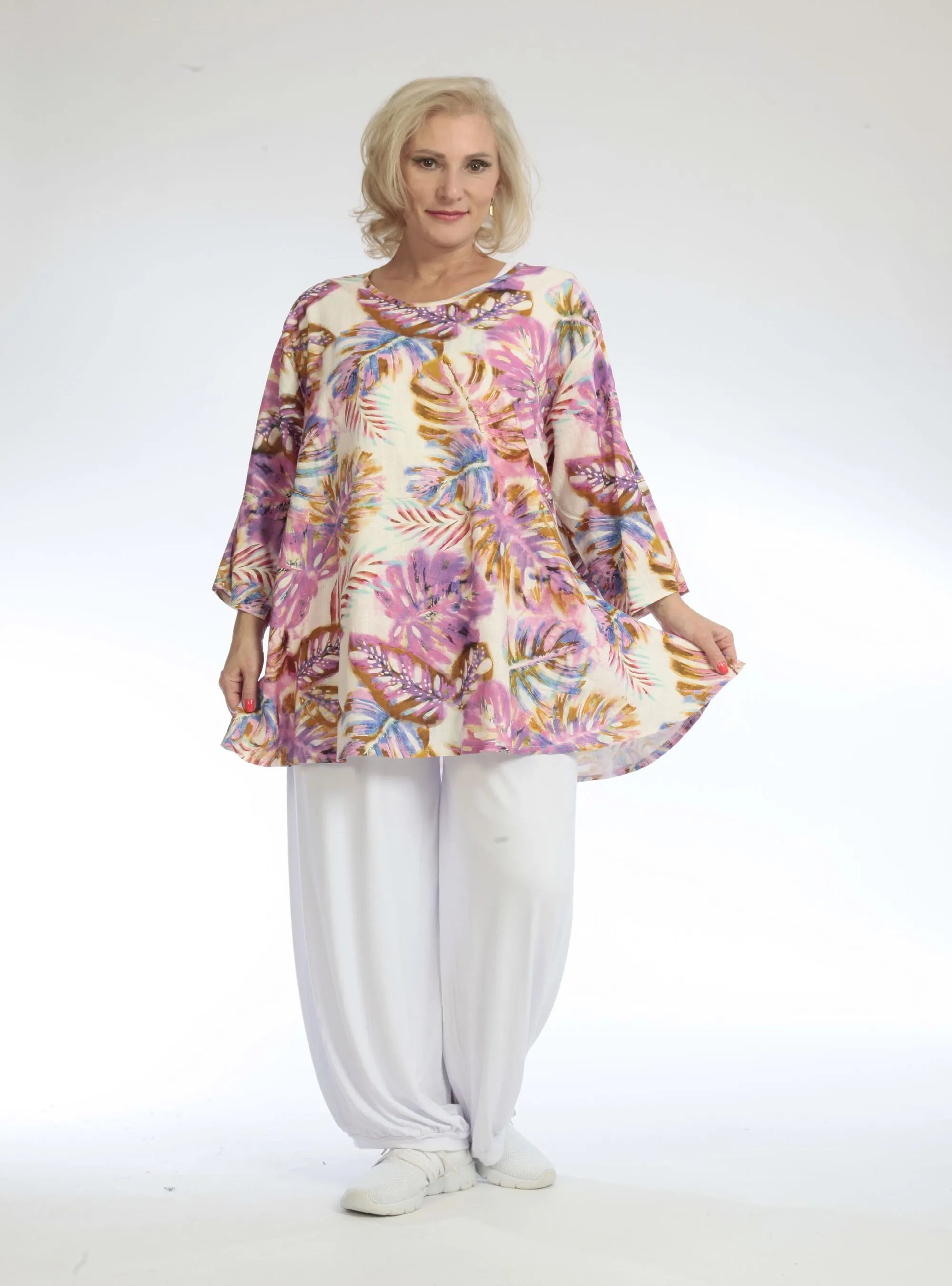  A-Form Shirt in Leinenoptik mit floralem Design, 3/4-Arm und Oversize-Schnitt für Plus Size