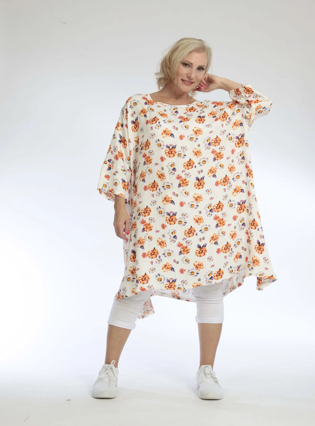  A-Form Bigshirt von AKH Fashion aus Viskose, 1103.02666, Orange, Blumen, Ausgefallen, Modern