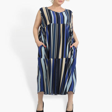  A-Form Kleid in Blau-Beige-Multi mit vertikalen Streifen, ärmellos und mit Taschen, ideal für Plus Size