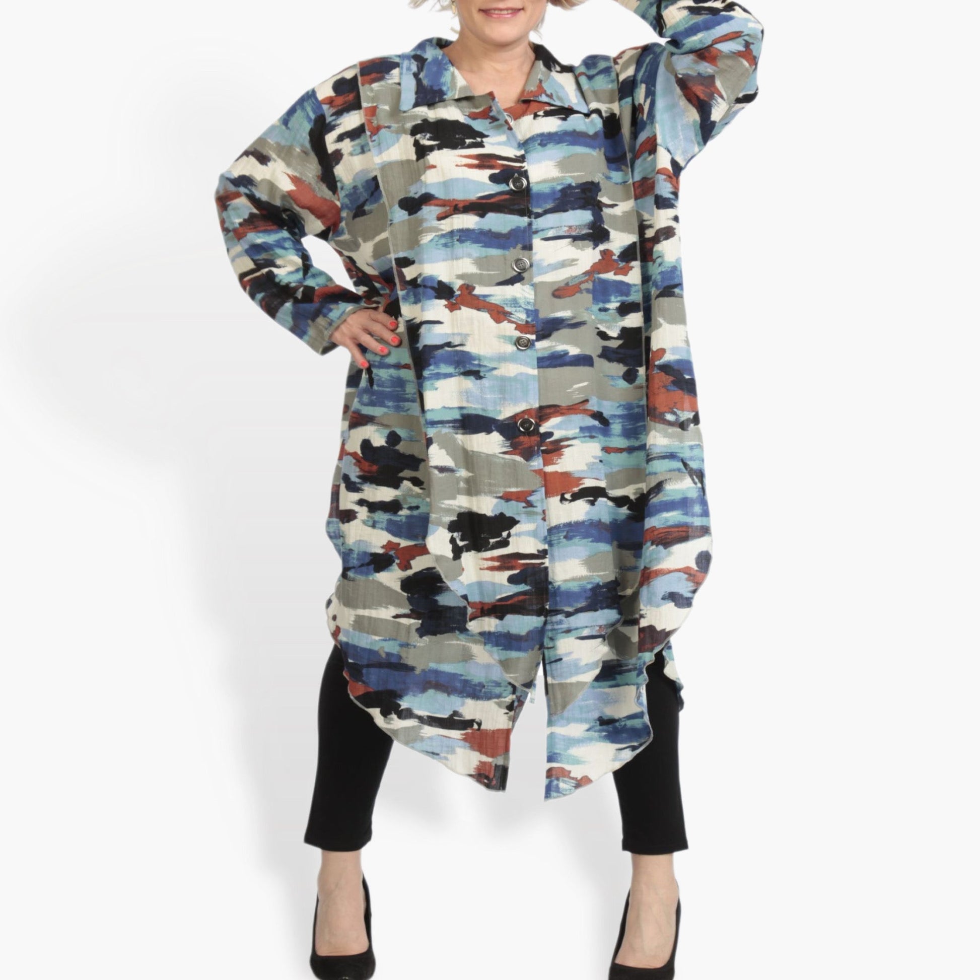  Jacke von AKH Fashion aus Rayon in gerundeter Form, 0840.02122, Blau-Multi, Ausgefallen